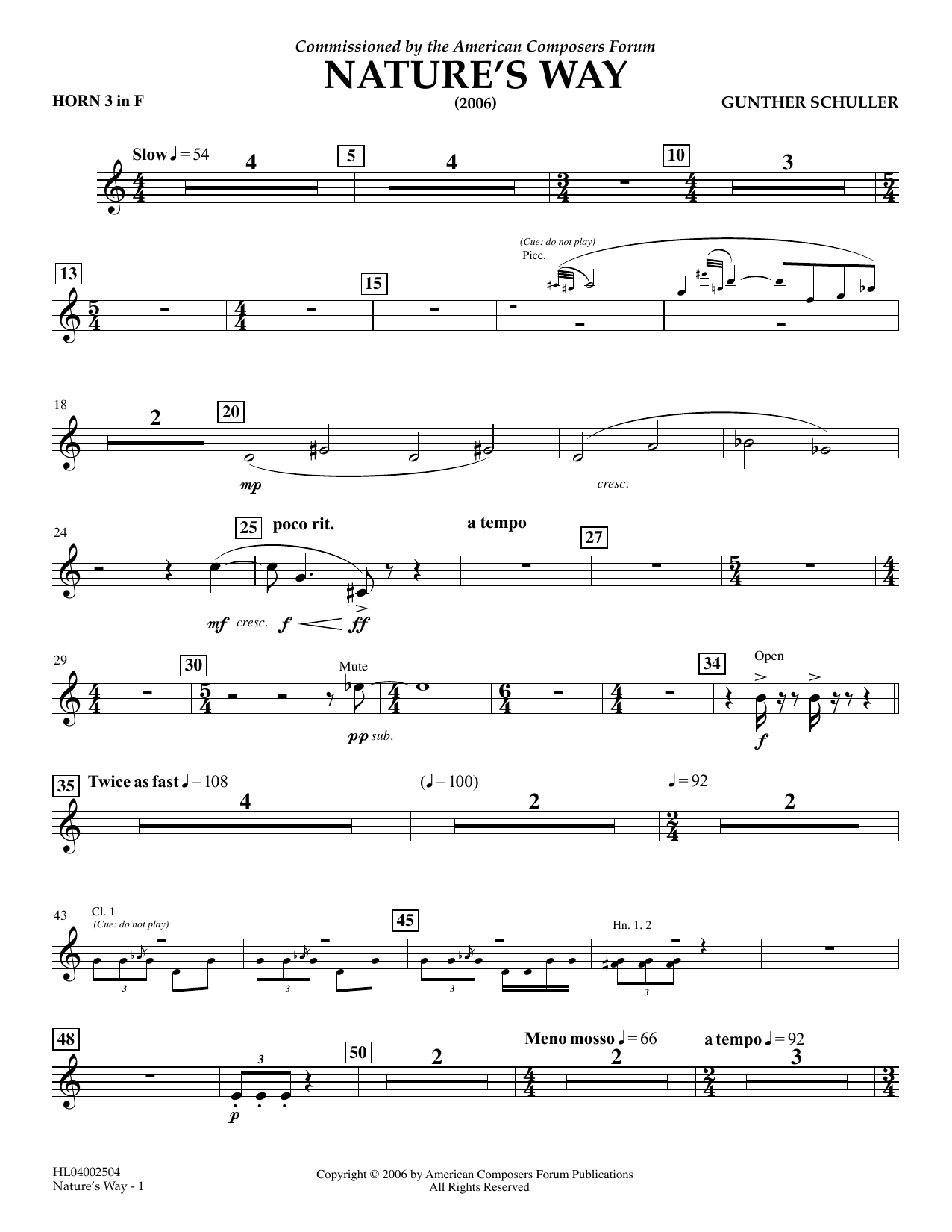 Download Gunther Schuller Nature's Way - F Horn 3 Sheet Music and learn how to play Concert Band PDF digital score in minutes