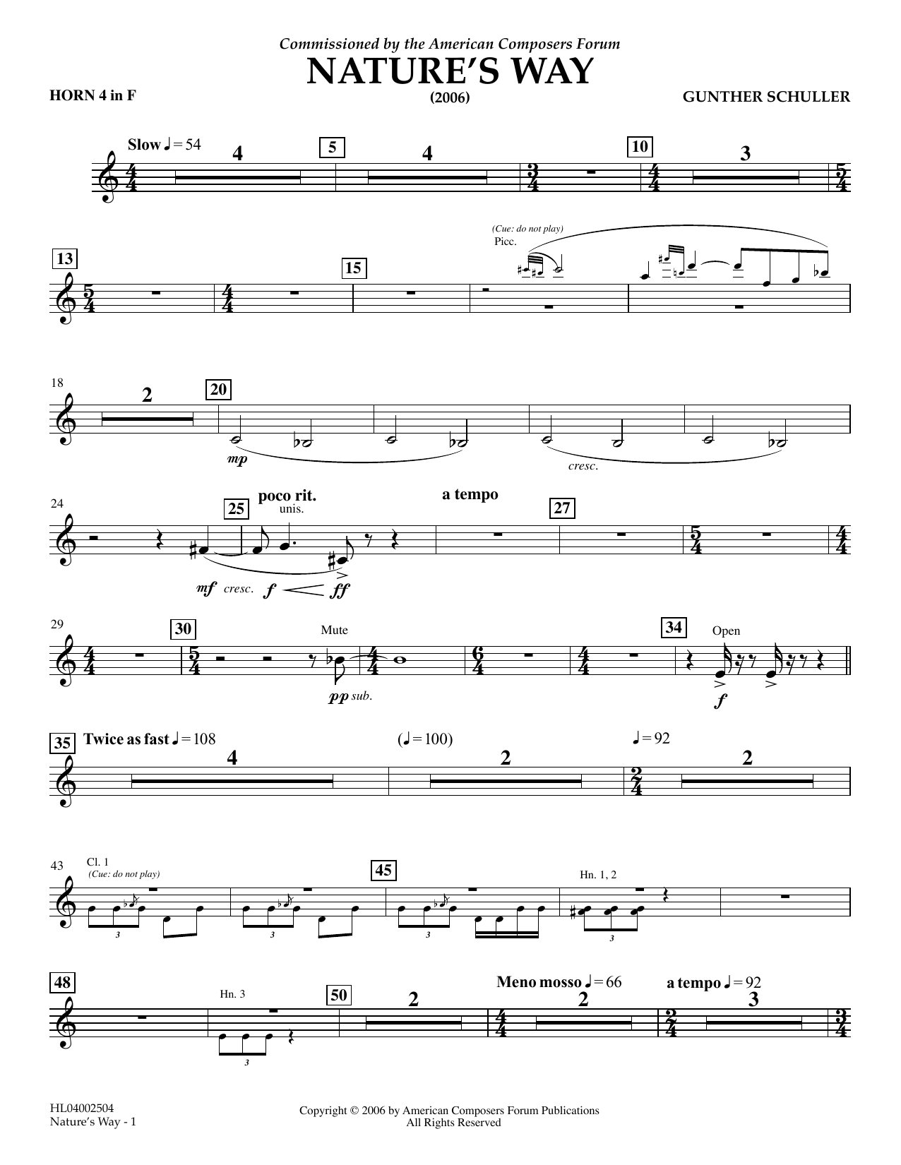 Download Gunther Schuller Nature's Way - F Horn 4 Sheet Music and learn how to play Concert Band PDF digital score in minutes