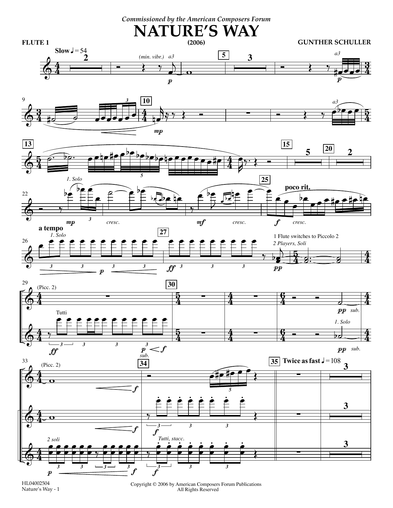 Download Gunther Schuller Nature's Way - Flute 1 Sheet Music and learn how to play Concert Band PDF digital score in minutes