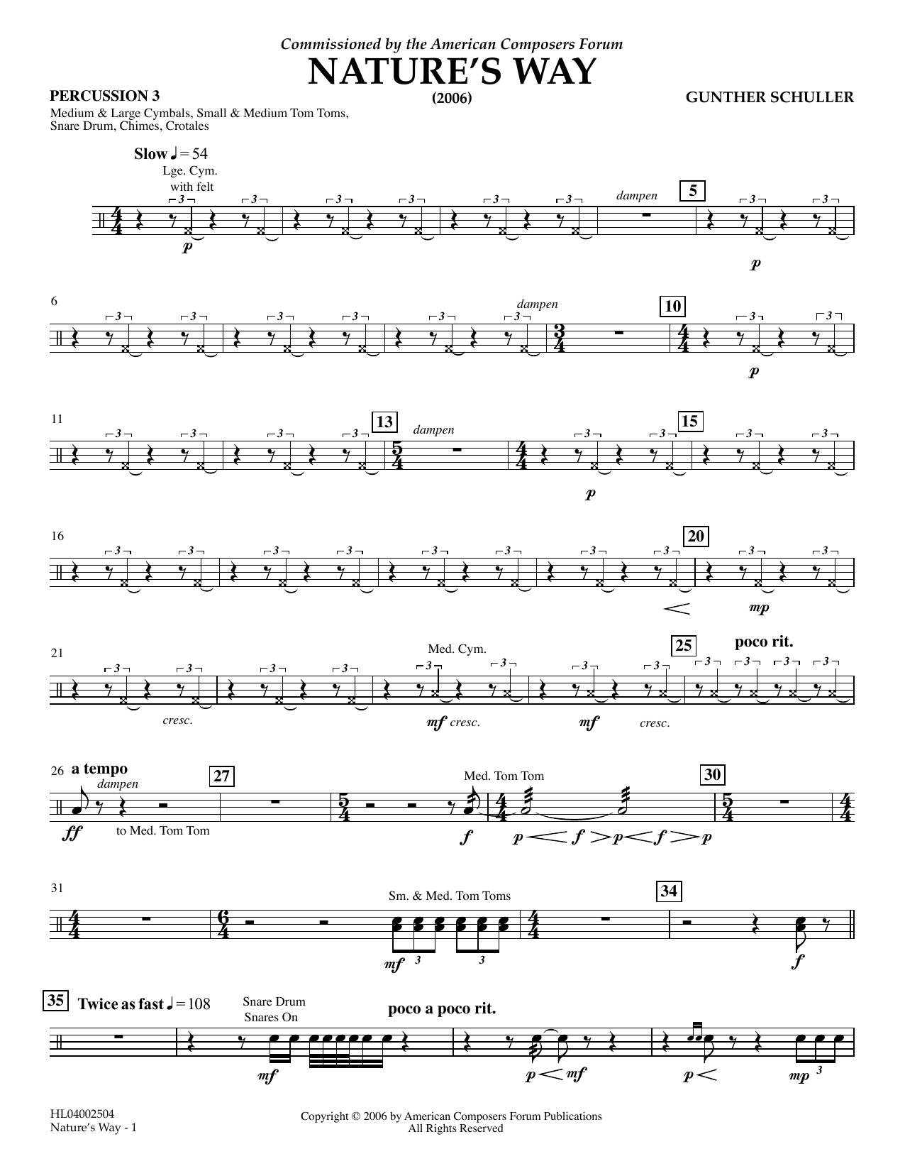 Download Gunther Schuller Nature's Way - Percussion 3 Sheet Music and learn how to play Concert Band PDF digital score in minutes