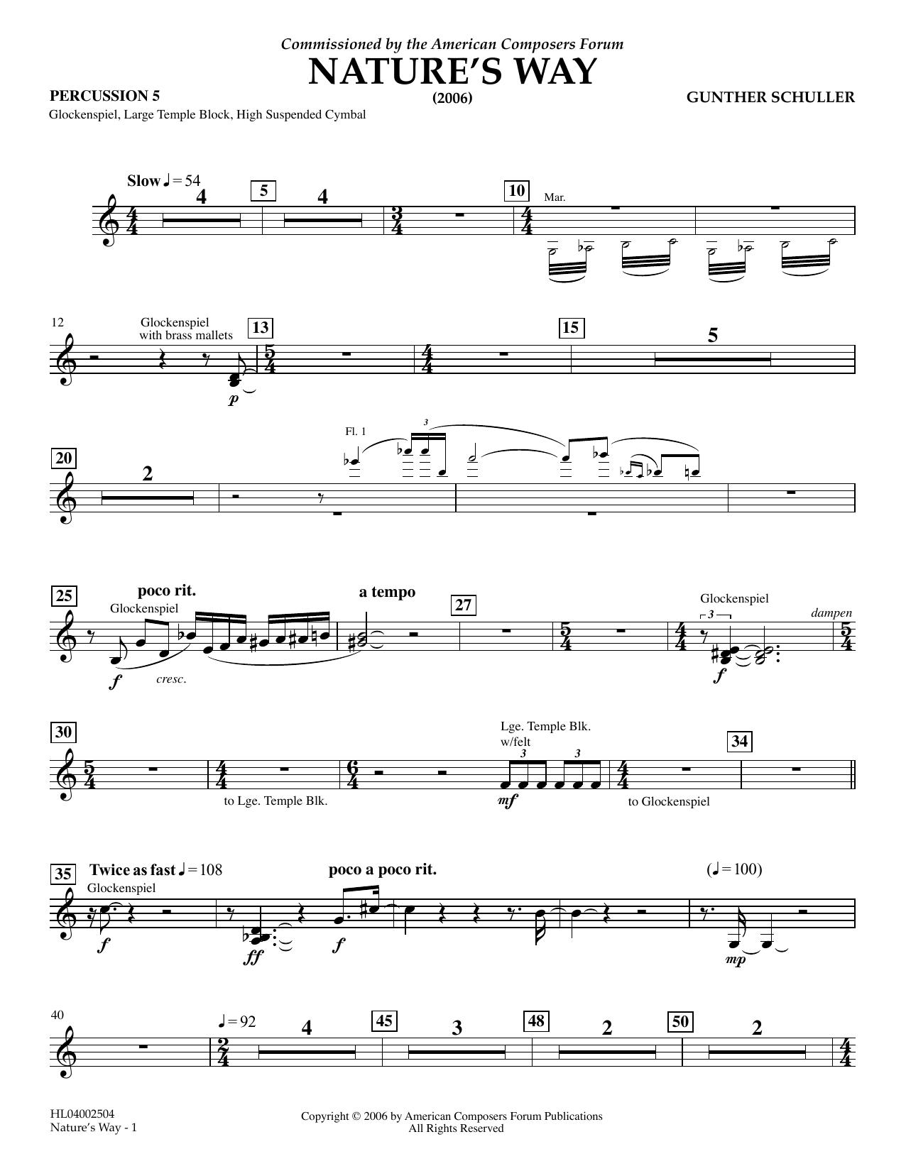 Download Gunther Schuller Nature's Way - Percussion 5 Sheet Music and learn how to play Concert Band PDF digital score in minutes