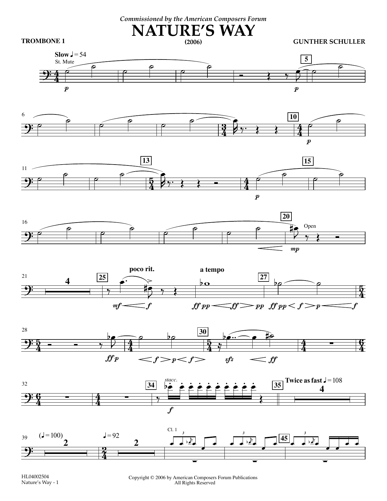 Download Gunther Schuller Nature's Way - Trombone 1 Sheet Music and learn how to play Concert Band PDF digital score in minutes