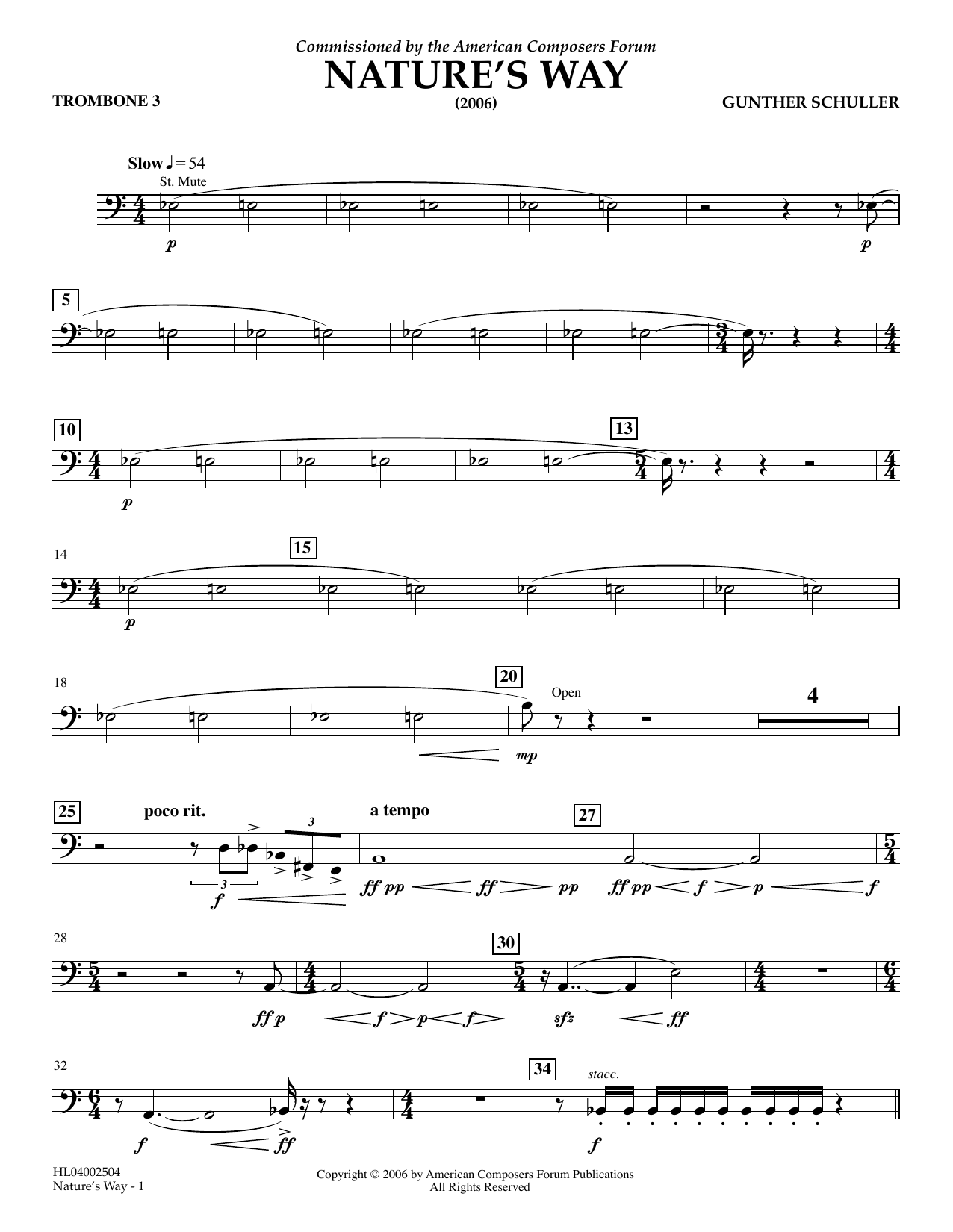 Download Gunther Schuller Nature's Way - Trombone 3 Sheet Music and learn how to play Concert Band PDF digital score in minutes