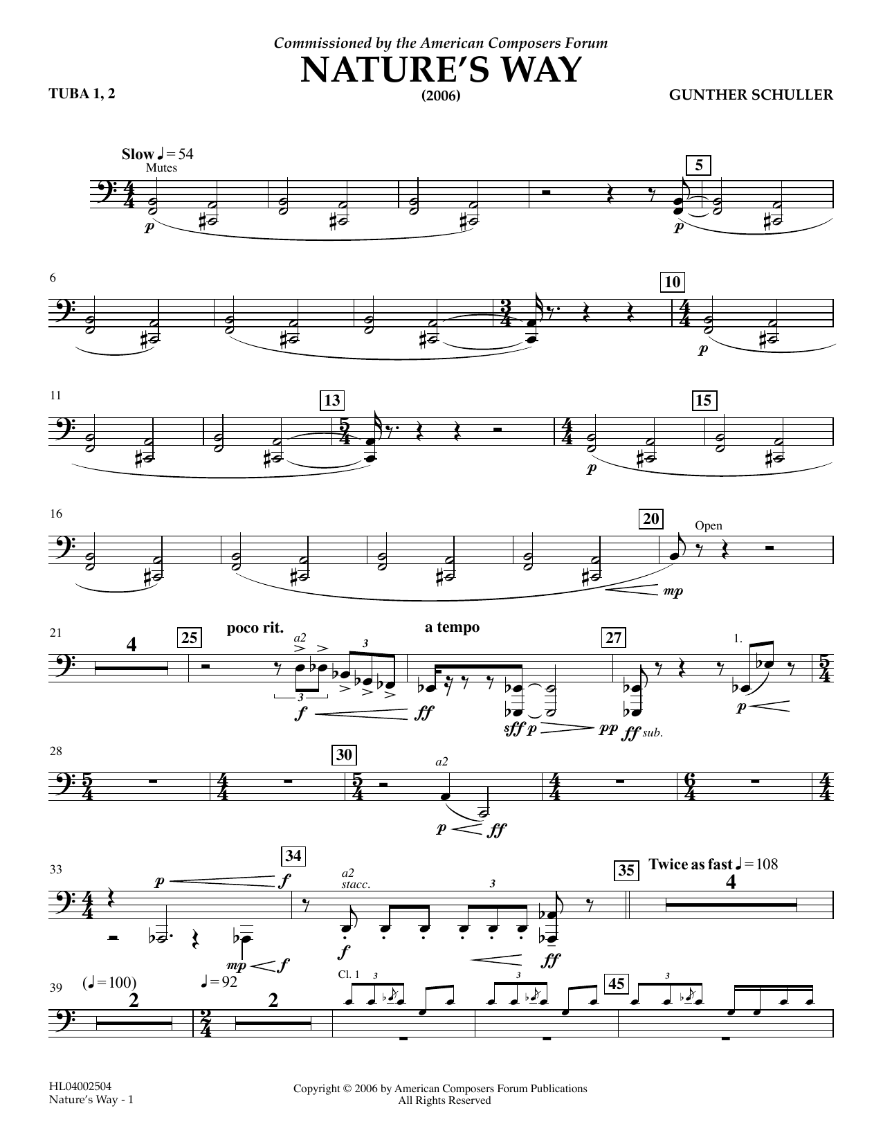 Download Gunther Schuller Nature's Way - Tuba 1 & 2 Sheet Music and learn how to play Concert Band PDF digital score in minutes