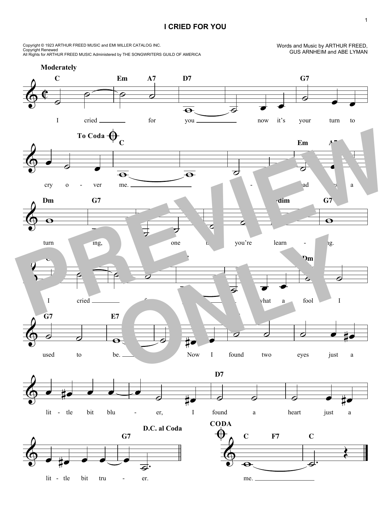 Download Gus Arnheim I Cried For You Sheet Music and learn how to play Melody Line, Lyrics & Chords PDF digital score in minutes