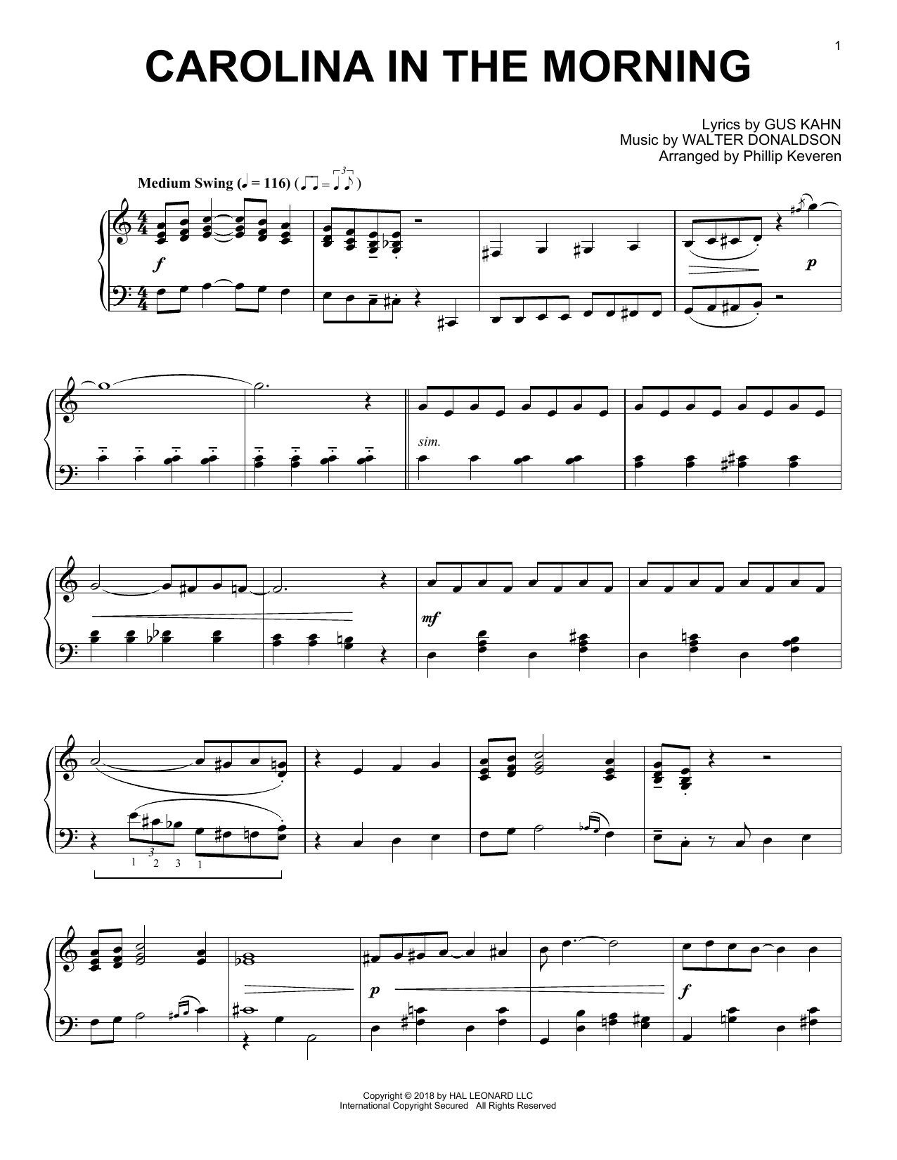 Download Gus Kahn Carolina In The Morning [Jazz version] (arr. Phillip Keveren) Sheet Music and learn how to play Piano Solo PDF digital score in minutes