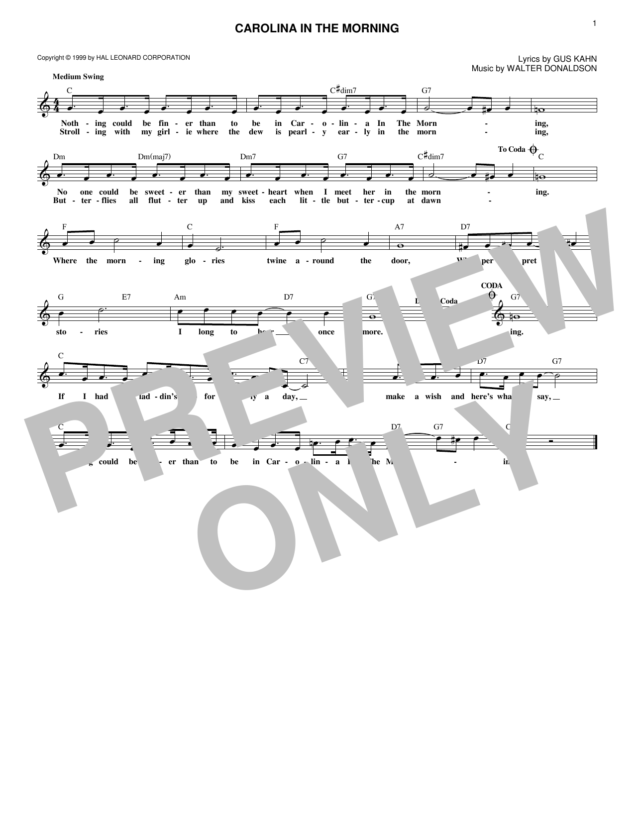 Download Gus Kahn Carolina In The Morning Sheet Music and learn how to play Melody Line, Lyrics & Chords PDF digital score in minutes