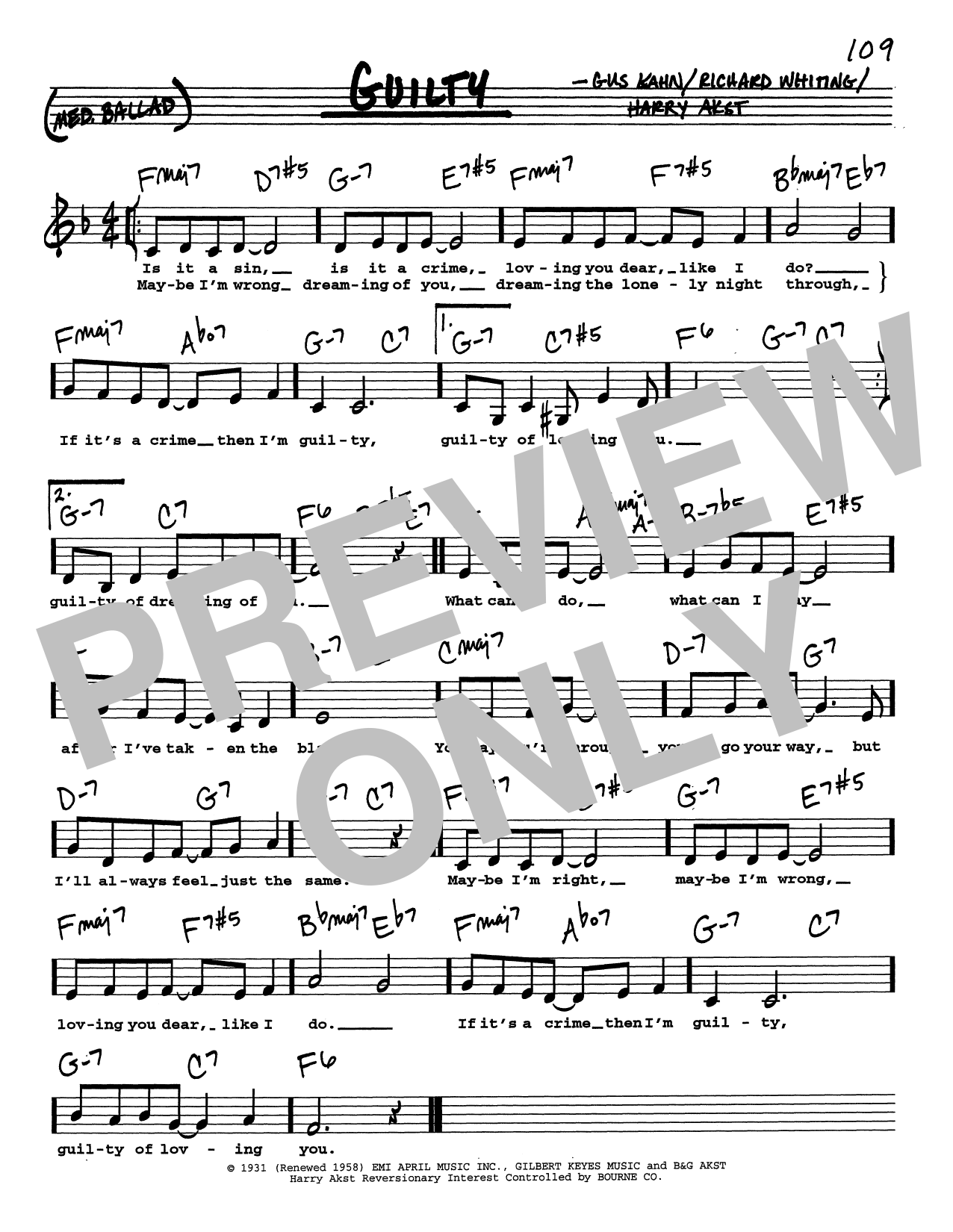 Download Gus Kahn Guilty (Low Voice) Sheet Music and learn how to play Real Book – Melody, Lyrics & Chords PDF digital score in minutes