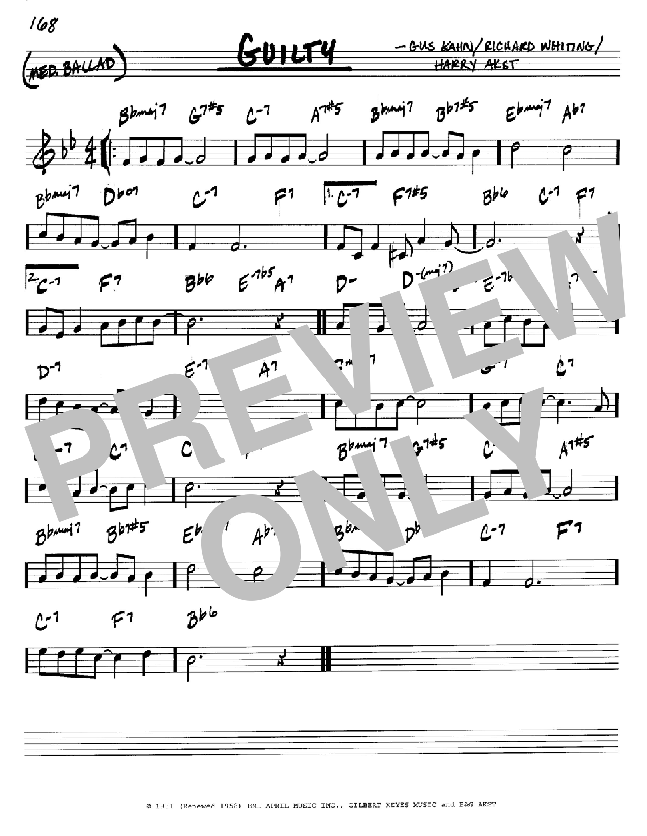 Download Gus Kahn Guilty Sheet Music and learn how to play Real Book - Melody & Chords - C Instruments PDF digital score in minutes