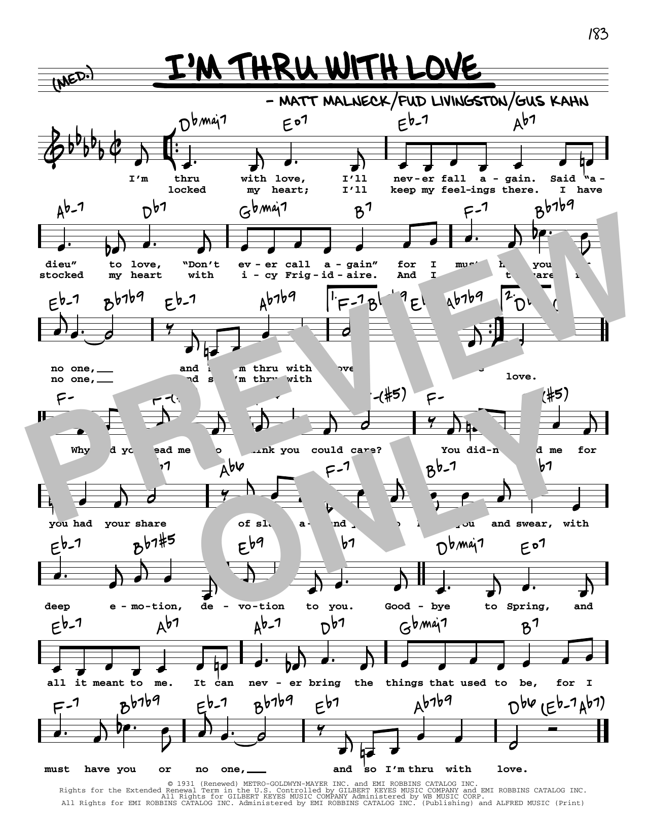 Download Gus Kahn I'm Thru With Love (Low Voice) Sheet Music and learn how to play Real Book – Melody, Lyrics & Chords PDF digital score in minutes