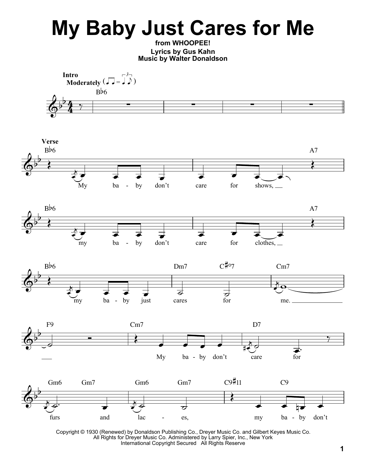 Download Gus Kahn My Baby Just Cares For Me Sheet Music and learn how to play Melody Line, Lyrics & Chords PDF digital score in minutes