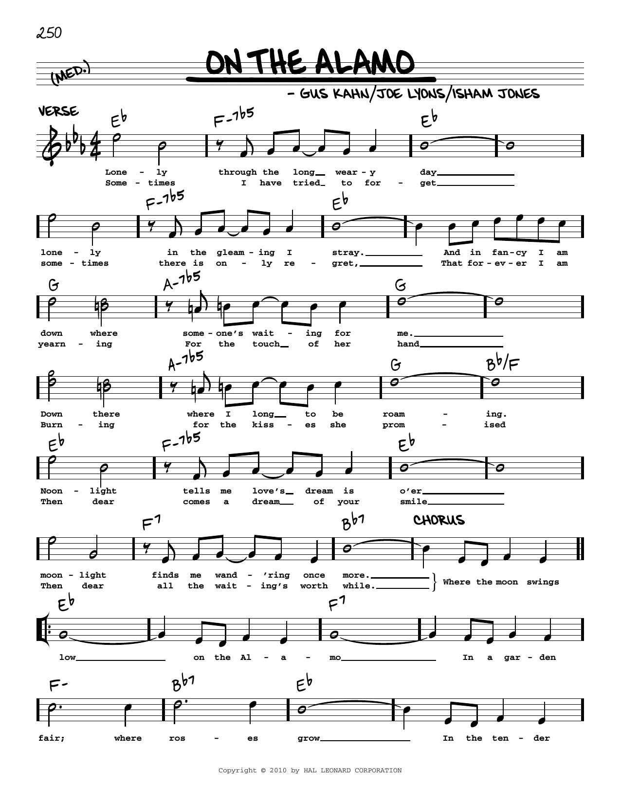Download Gus Kahn On The Alamo (arr. Robert Rawlins) Sheet Music and learn how to play Real Book – Melody, Lyrics & Chords PDF digital score in minutes