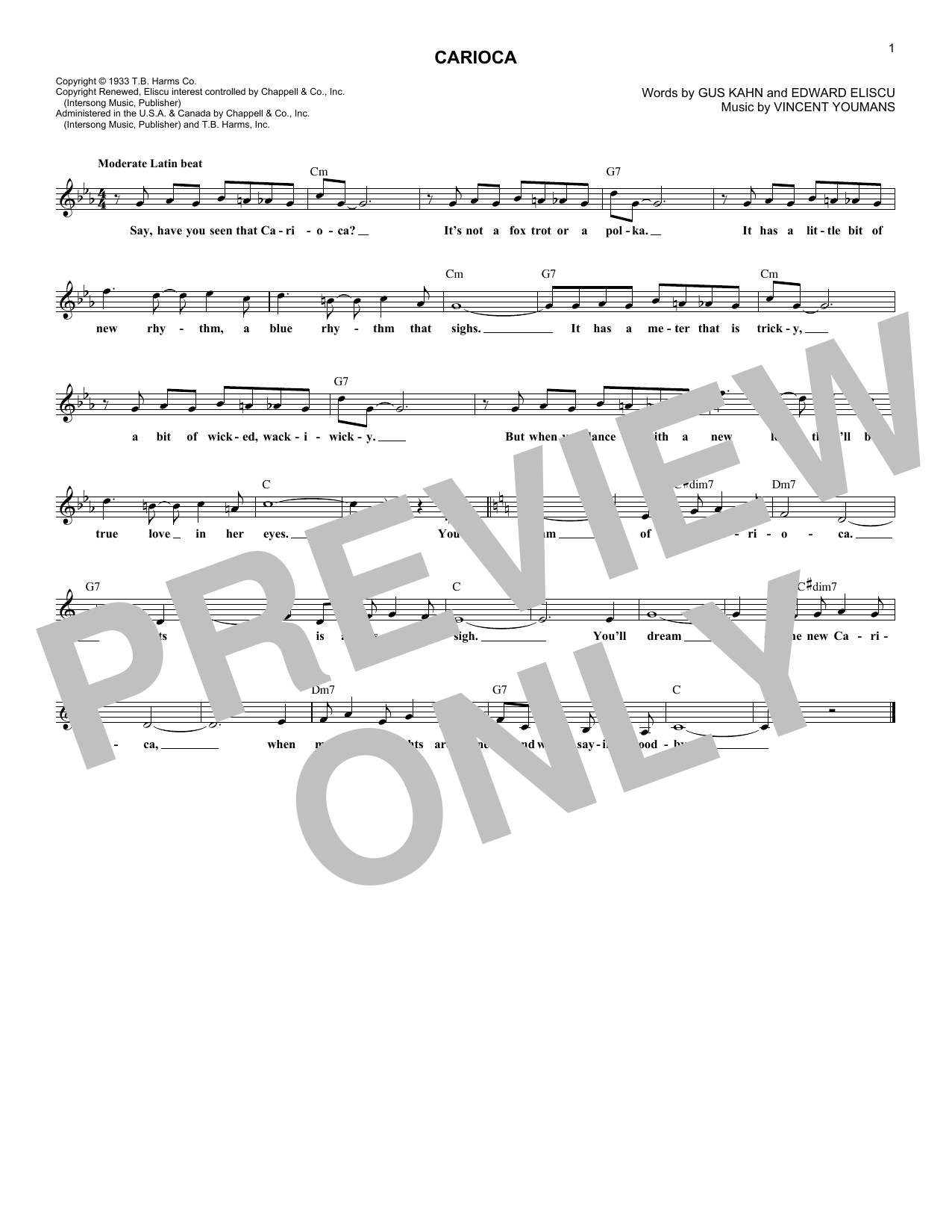 Download Gus Kahn The Carioca Sheet Music and learn how to play Melody Line, Lyrics & Chords PDF digital score in minutes