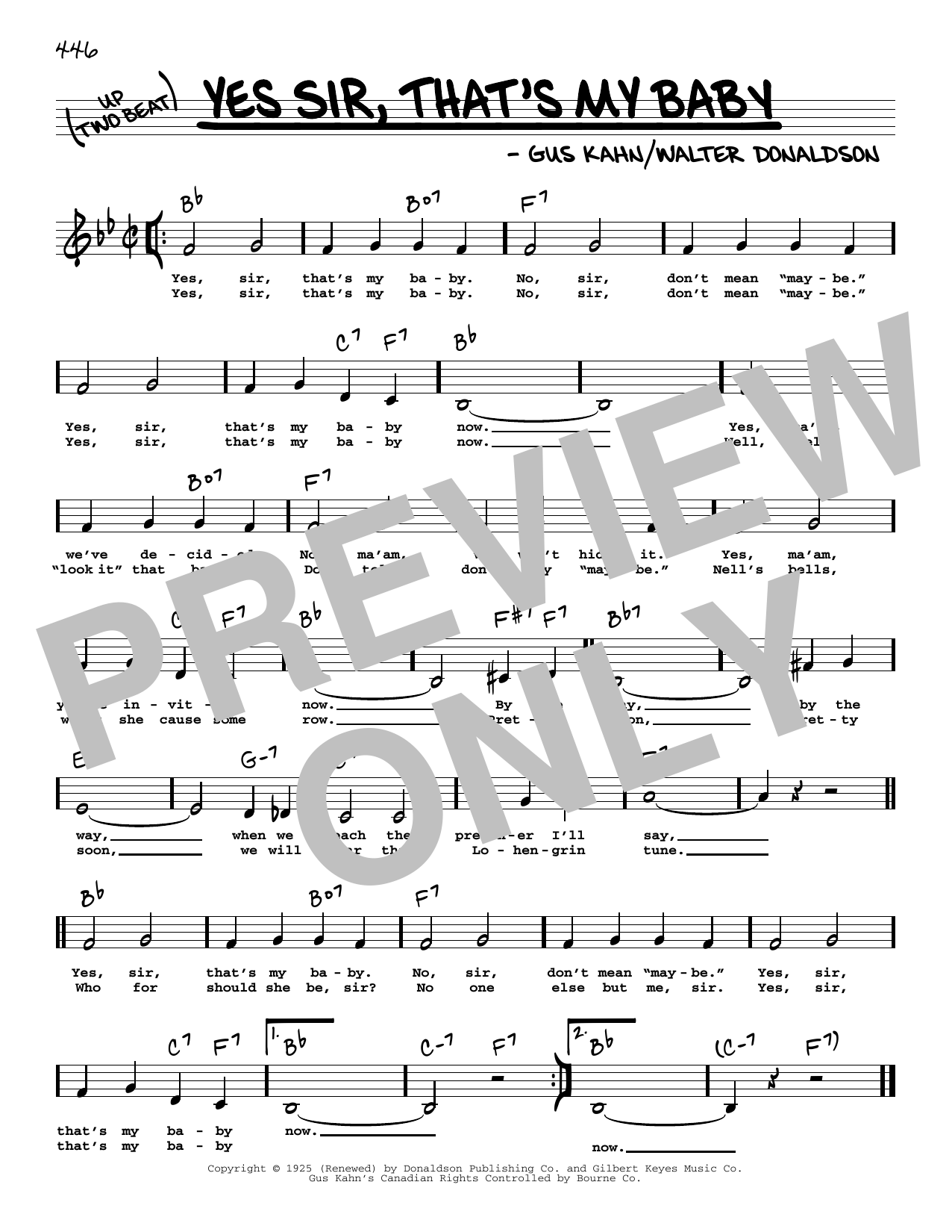 Download Gus Kahn Yes Sir, That's My Baby (Low Voice) Sheet Music and learn how to play Real Book – Melody, Lyrics & Chords PDF digital score in minutes