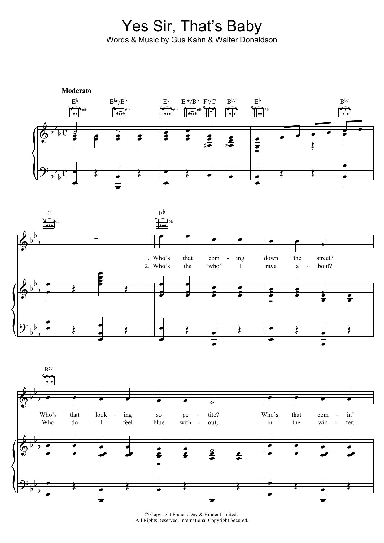 Download Gus Kahn Yes Sir, That's My Baby Sheet Music and learn how to play Piano, Vocal & Guitar (Right-Hand Melody) PDF digital score in minutes