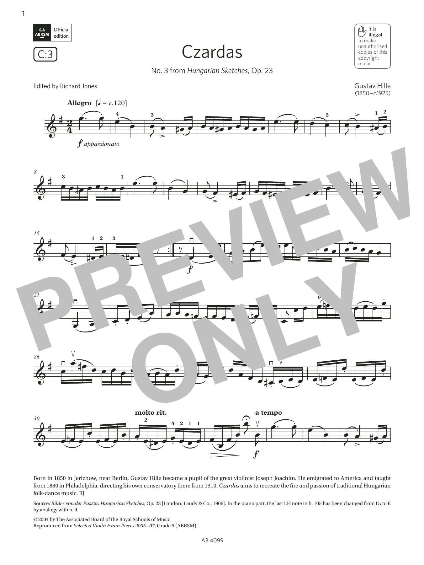 Download Gustav Hille Czardas (Grade 5, C3, from the ABRSM Violin Syllabus from 2024) Sheet Music and learn how to play Violin Solo PDF digital score in minutes