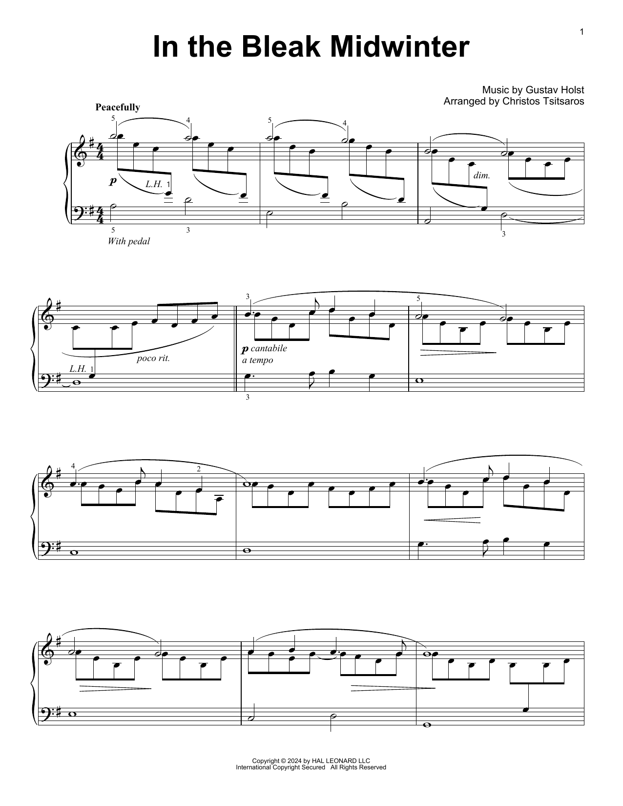 Download Gustav Holst In The Bleak Midwinter (arr. Christos Tsitsaros) Sheet Music and learn how to play Easy Piano Solo PDF digital score in minutes