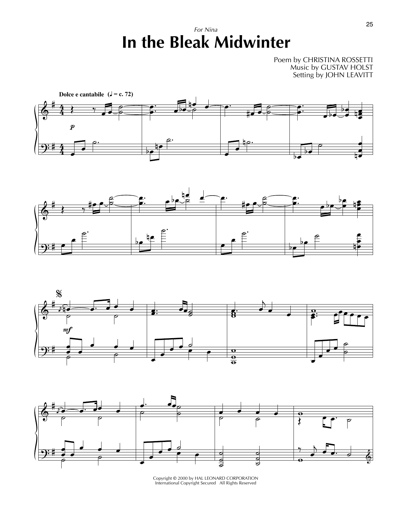 Download Gustav Holst In The Bleak Midwinter (arr. John Leavitt) Sheet Music and learn how to play Piano Solo PDF digital score in minutes