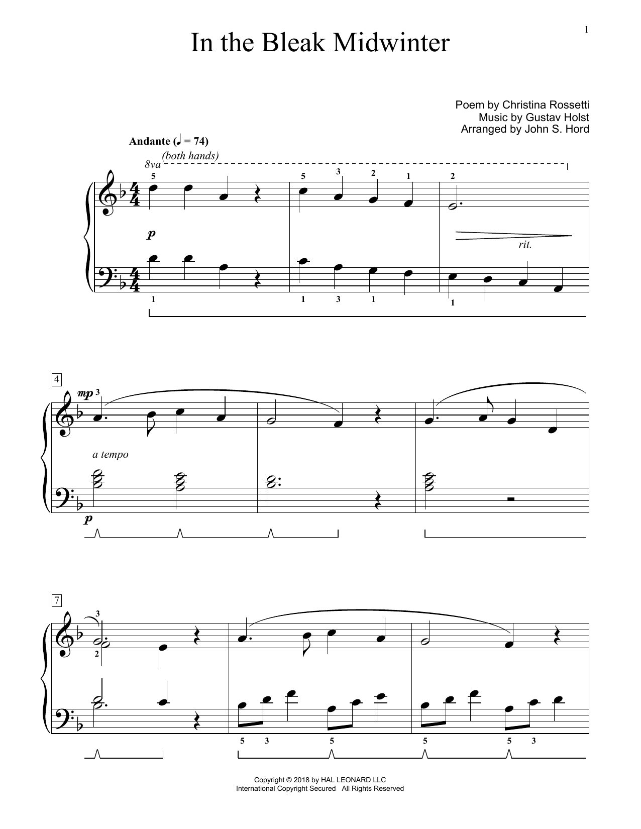 Download Gustav Holst In The Bleak Midwinter (arr. John S. Hord) Sheet Music and learn how to play Educational Piano PDF digital score in minutes