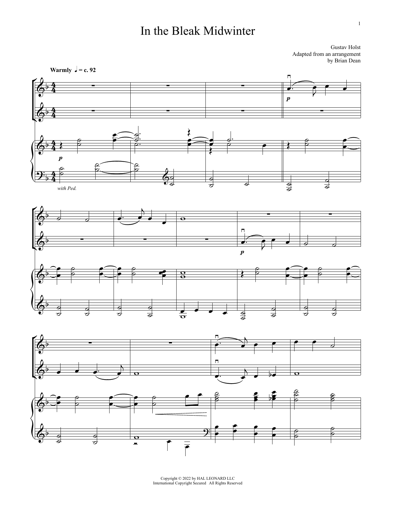 Download Gustav Holst In The Bleak Midwinter (for Violin Duet and Piano) Sheet Music and learn how to play Violin and Piano PDF digital score in minutes
