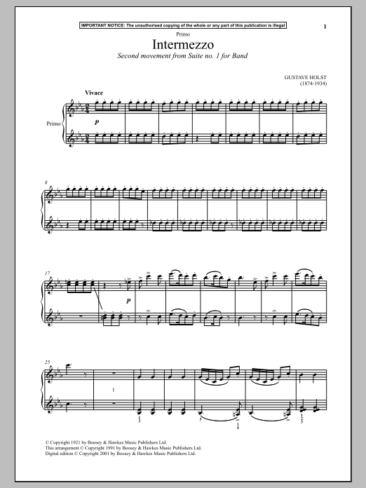Download Gustav Holst Intermezzo (Second Movement from Suite No. 1 For Band) Sheet Music and learn how to play Piano Duet PDF digital score in minutes