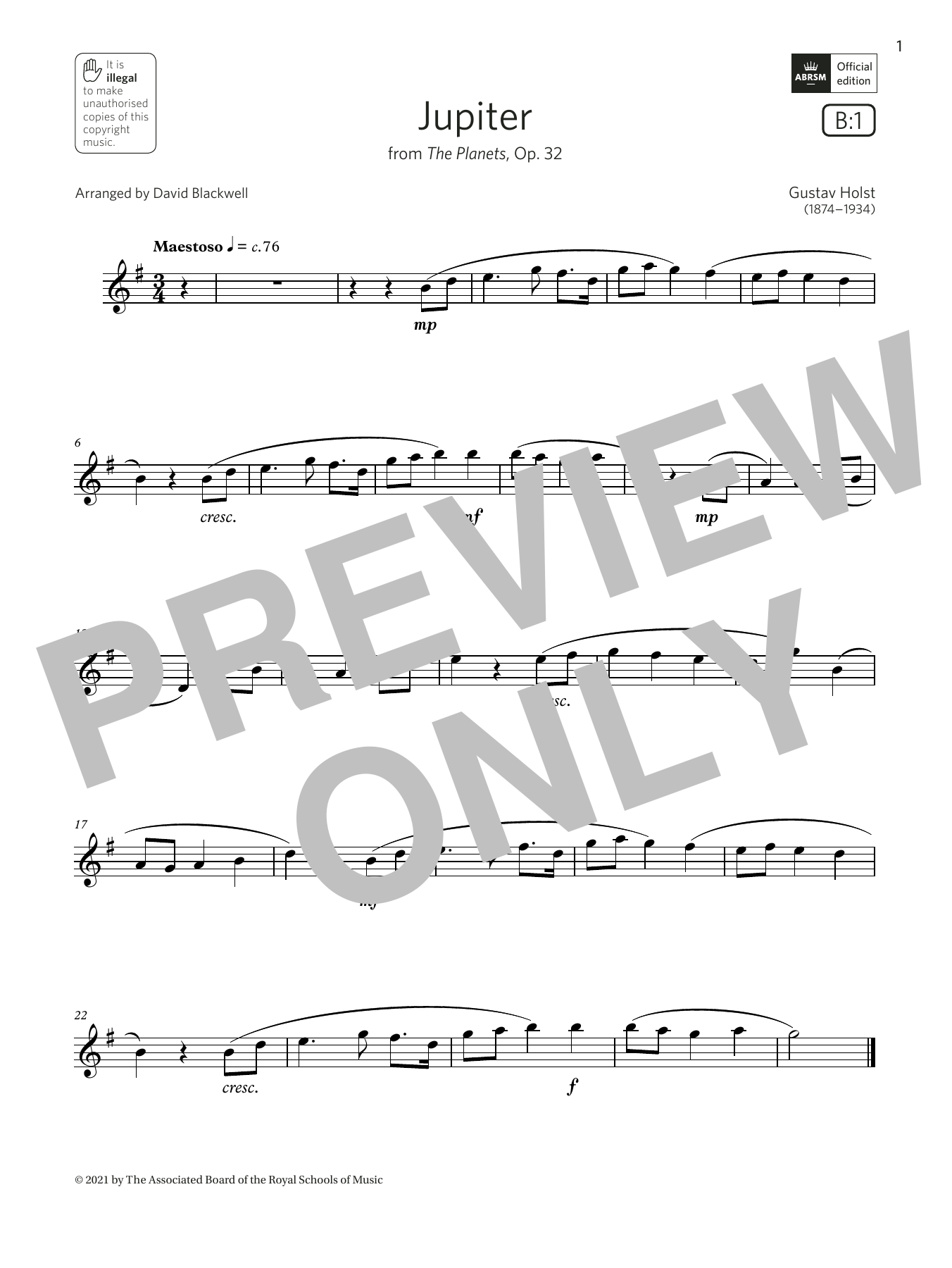 Download Gustav Holst Jupiter (from The Planets, Op. 32) (Grade 2 List B1 from the ABRSM Saxophone sy Sheet Music and learn how to play Alto Sax Solo PDF digital score in minutes