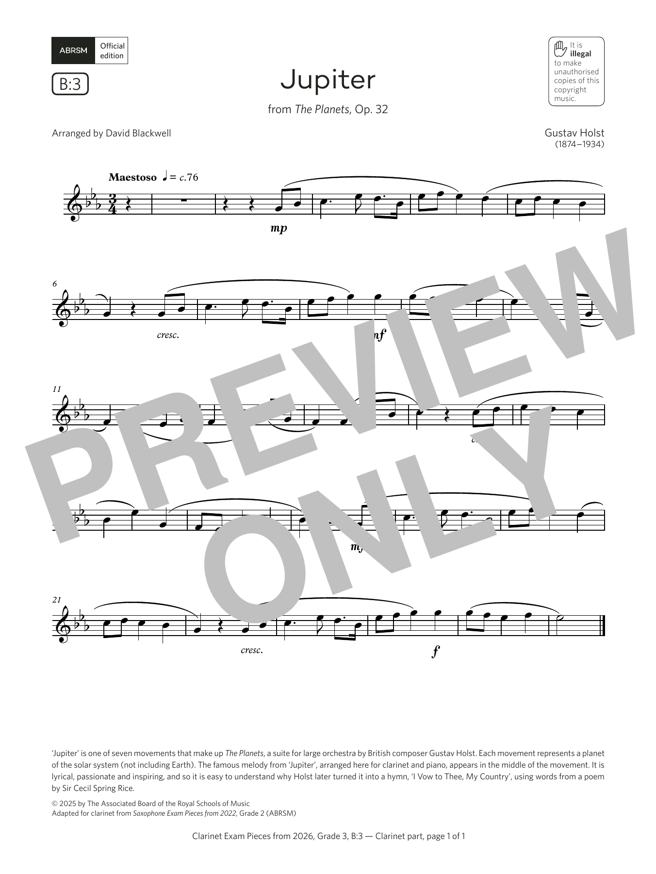 Download Gustav Holst Jupiter (Grade 3, list B3, from the ABRSM Clarinet Syllabus from 2026) Sheet Music and learn how to play Clarinet Solo PDF digital score in minutes