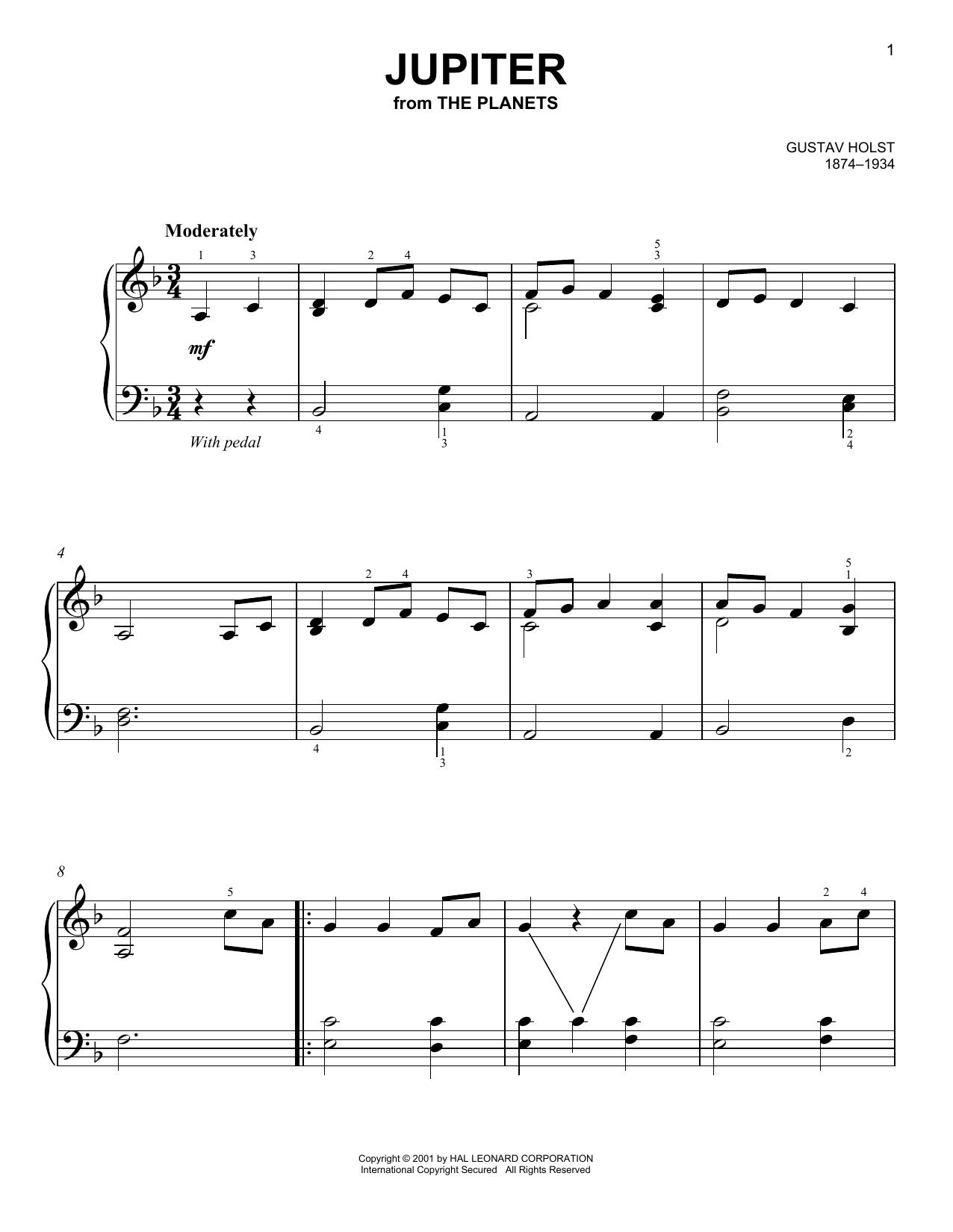 Download Gustav Holst Jupiter Sheet Music and learn how to play Easy Piano PDF digital score in minutes