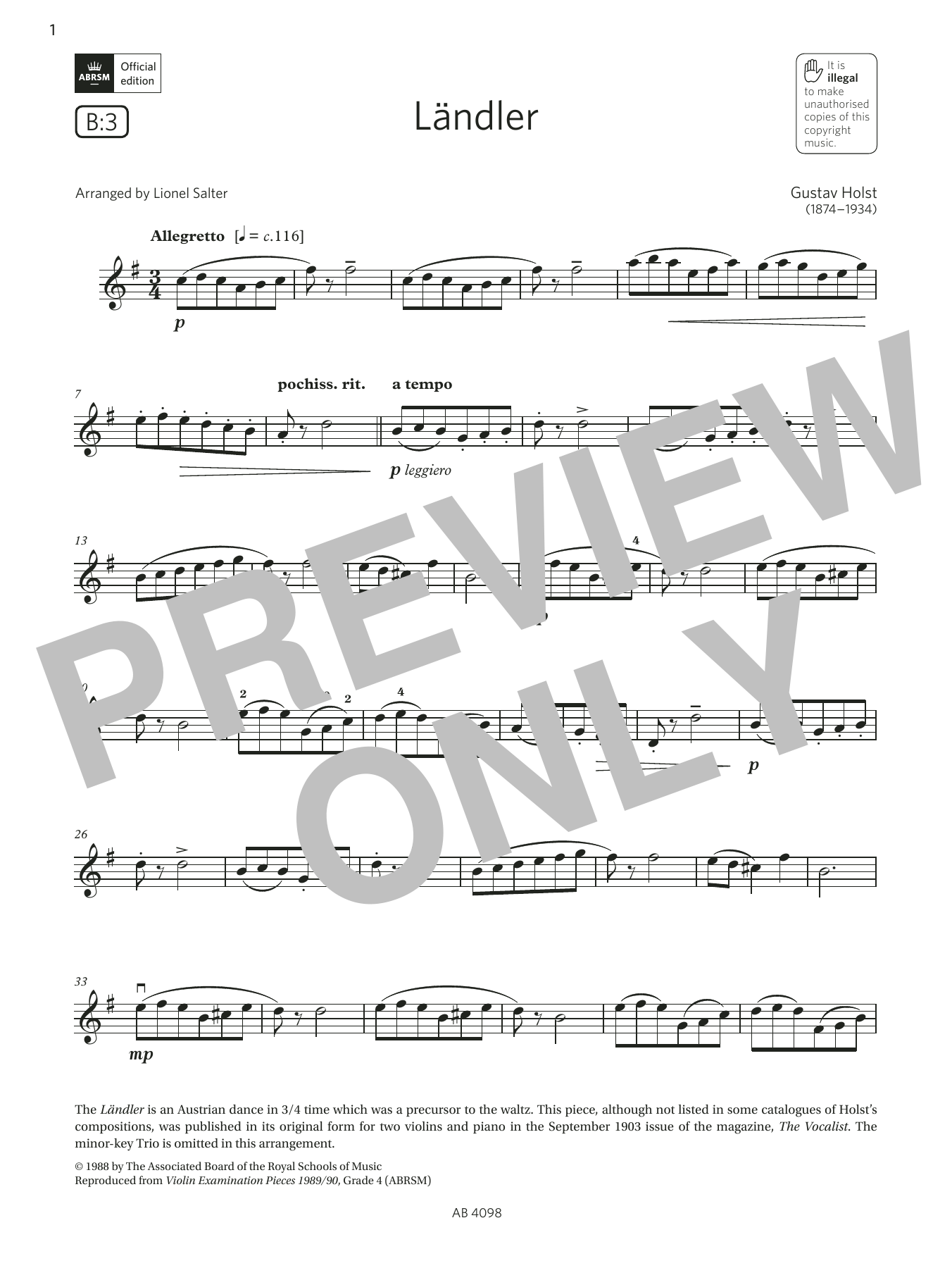 Download Gustav Holst Ländler (Grade 4, B3, from the ABRSM Violin Syllabus from 2024) Sheet Music and learn how to play Violin Solo PDF digital score in minutes