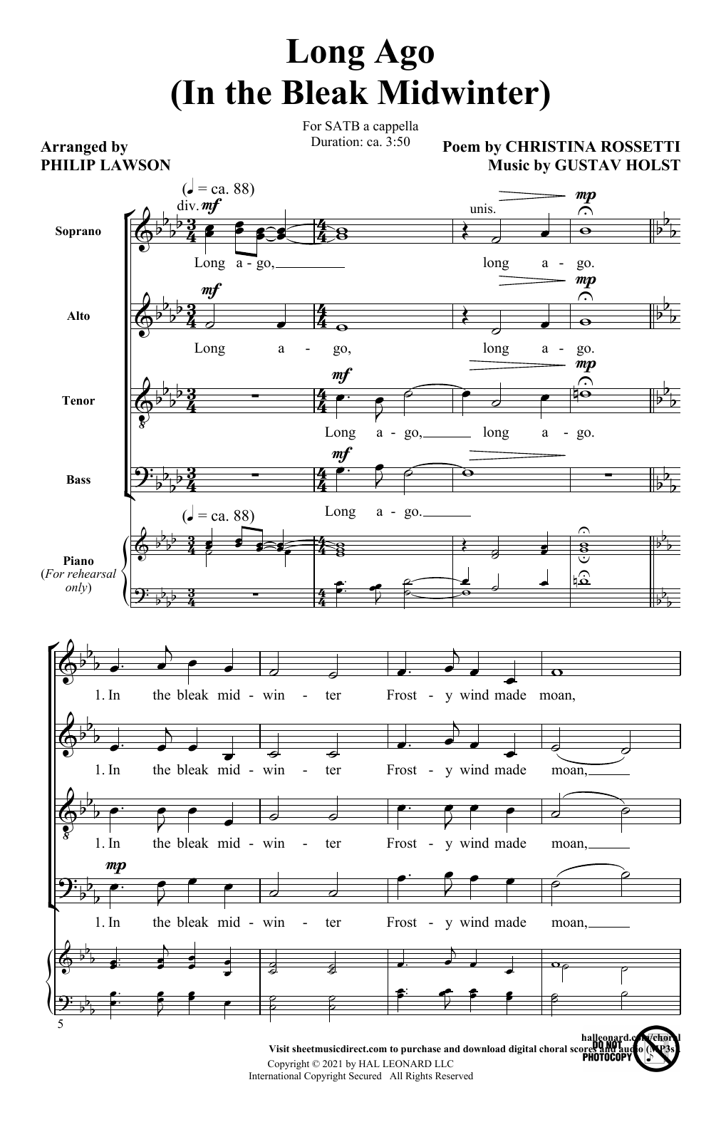Download Gustav Holst Long Ago (In The Bleak Midwinter) (arr. Philip Lawson) Sheet Music and learn how to play SATB Choir PDF digital score in minutes