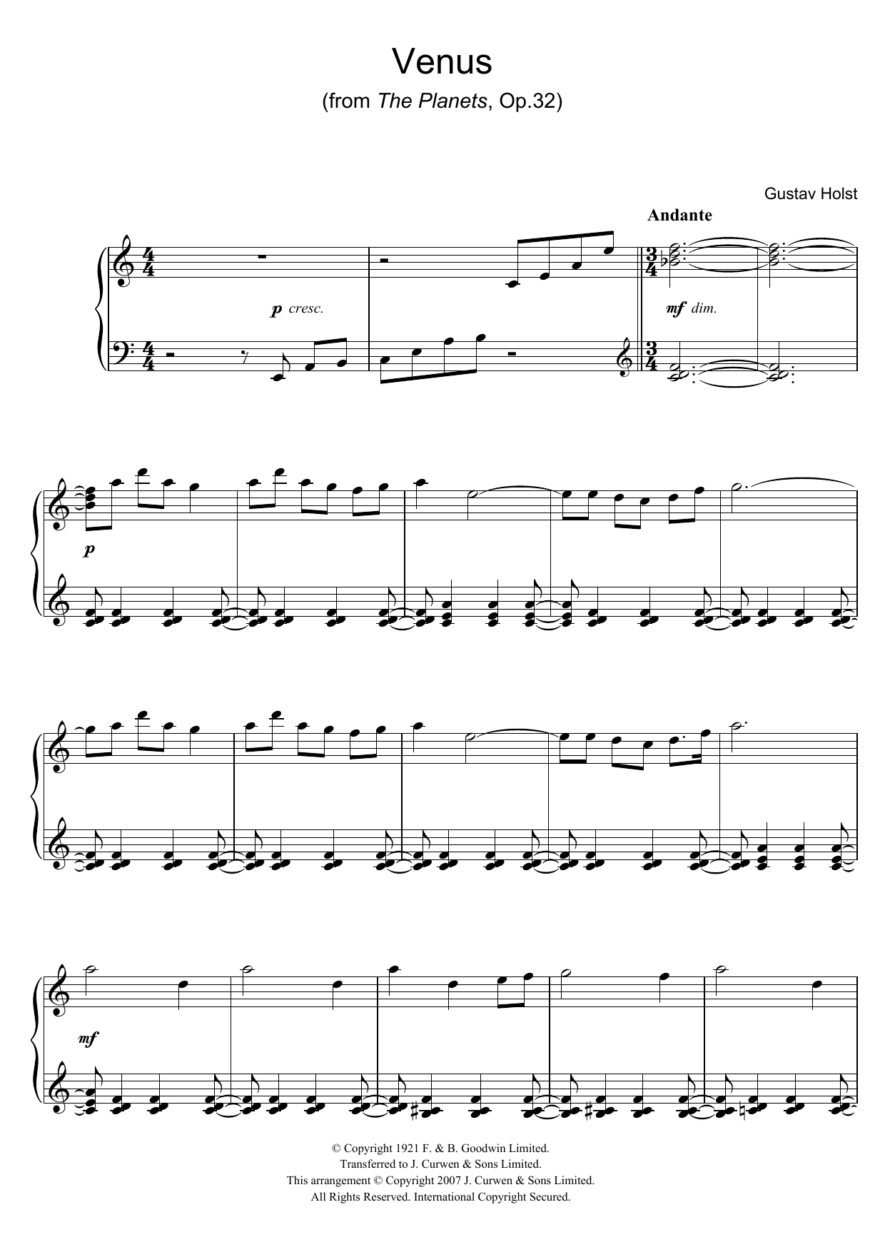 Download Gustav Holst Venus (from The Planets Op.32) Sheet Music and learn how to play Easy Piano PDF digital score in minutes