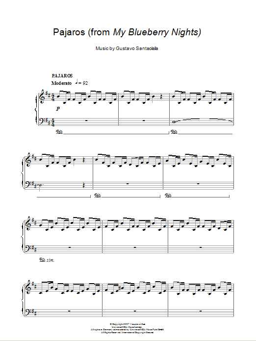Download Gustavo Santaolalla Pajaros (from My Blueberry Nights) Sheet Music and learn how to play Piano PDF digital score in minutes