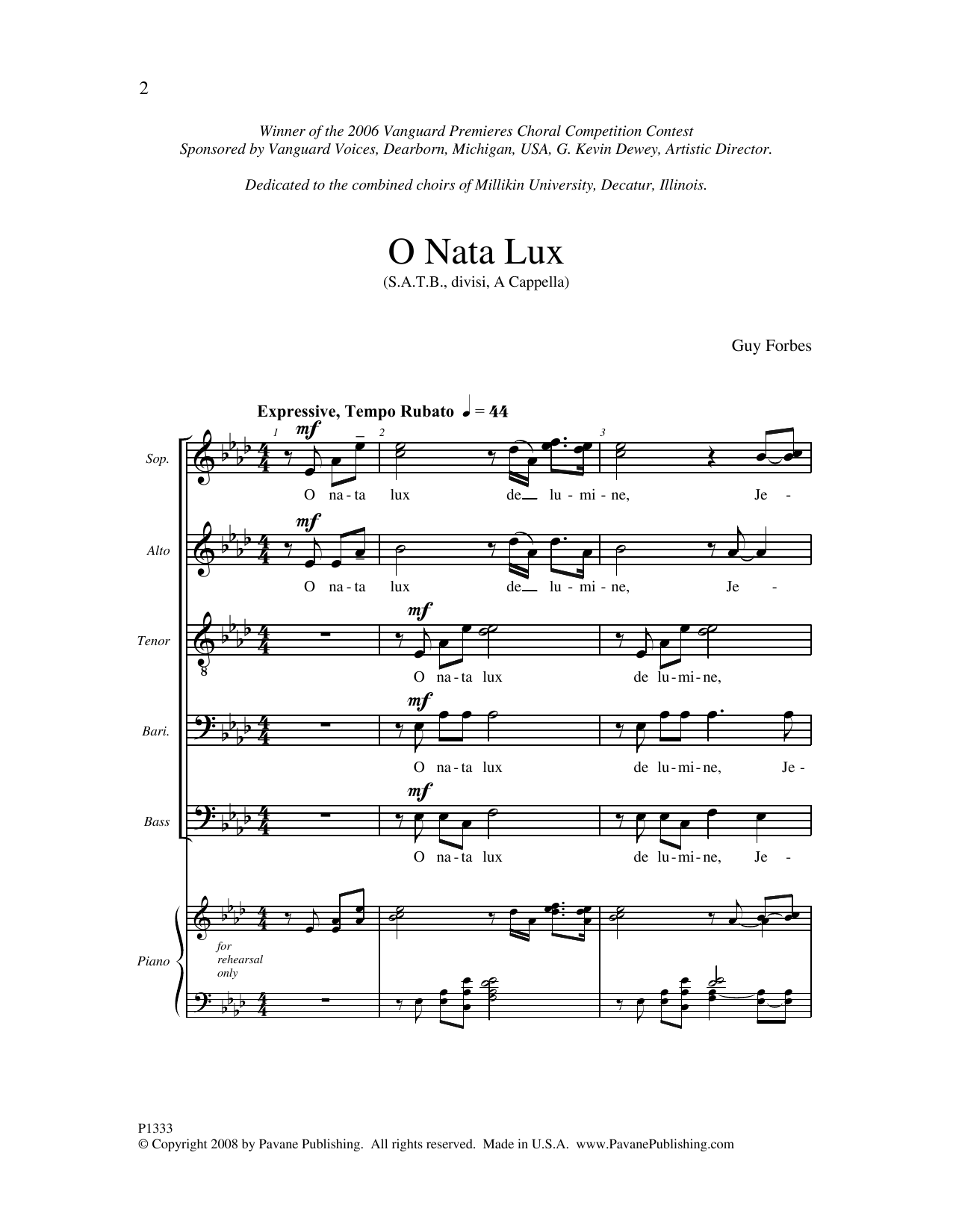 Download Guy Forbes O Nata Lux Sheet Music and learn how to play SATB Choir PDF digital score in minutes