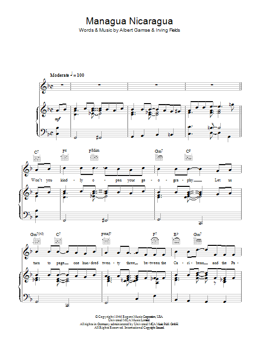 Download Guy Lombardo Managua Nicaragua Sheet Music and learn how to play Piano, Vocal & Guitar (Right-Hand Melody) PDF digital score in minutes