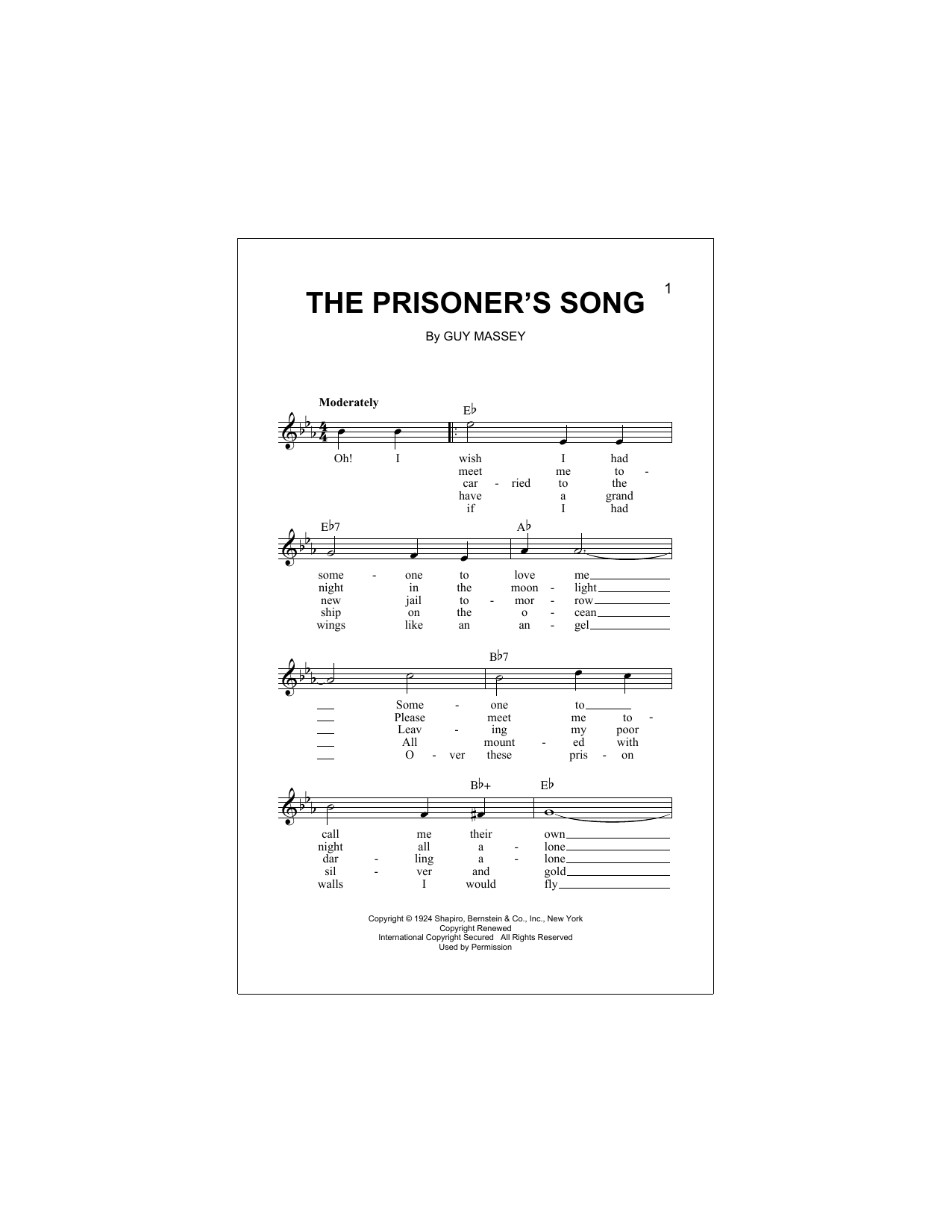 Download Guy Massey The Prisoner's Song Sheet Music and learn how to play Real Book – Melody, Lyrics & Chords PDF digital score in minutes