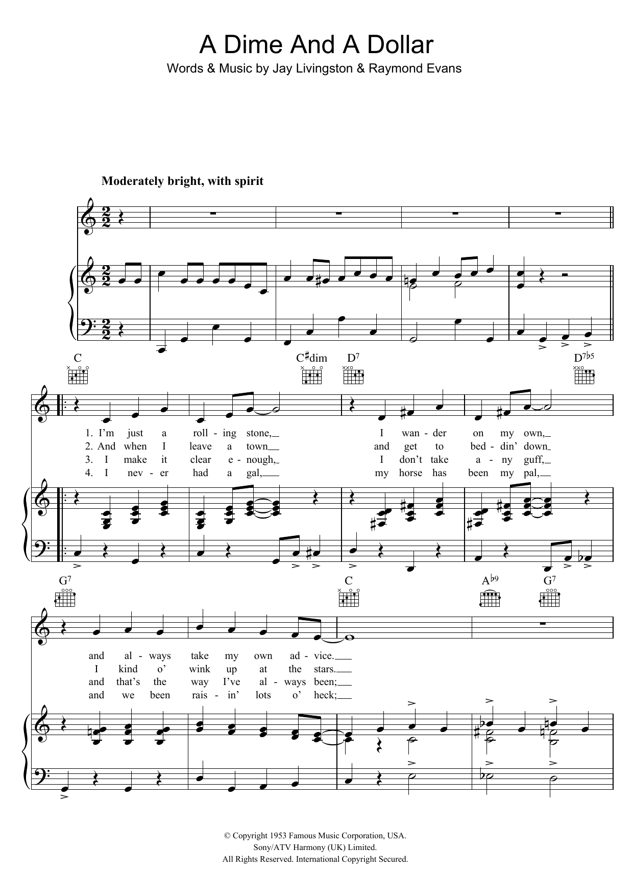 Download Guy Mitchell A Dime And A Dollar Sheet Music and learn how to play Piano, Vocal & Guitar (Right-Hand Melody) PDF digital score in minutes