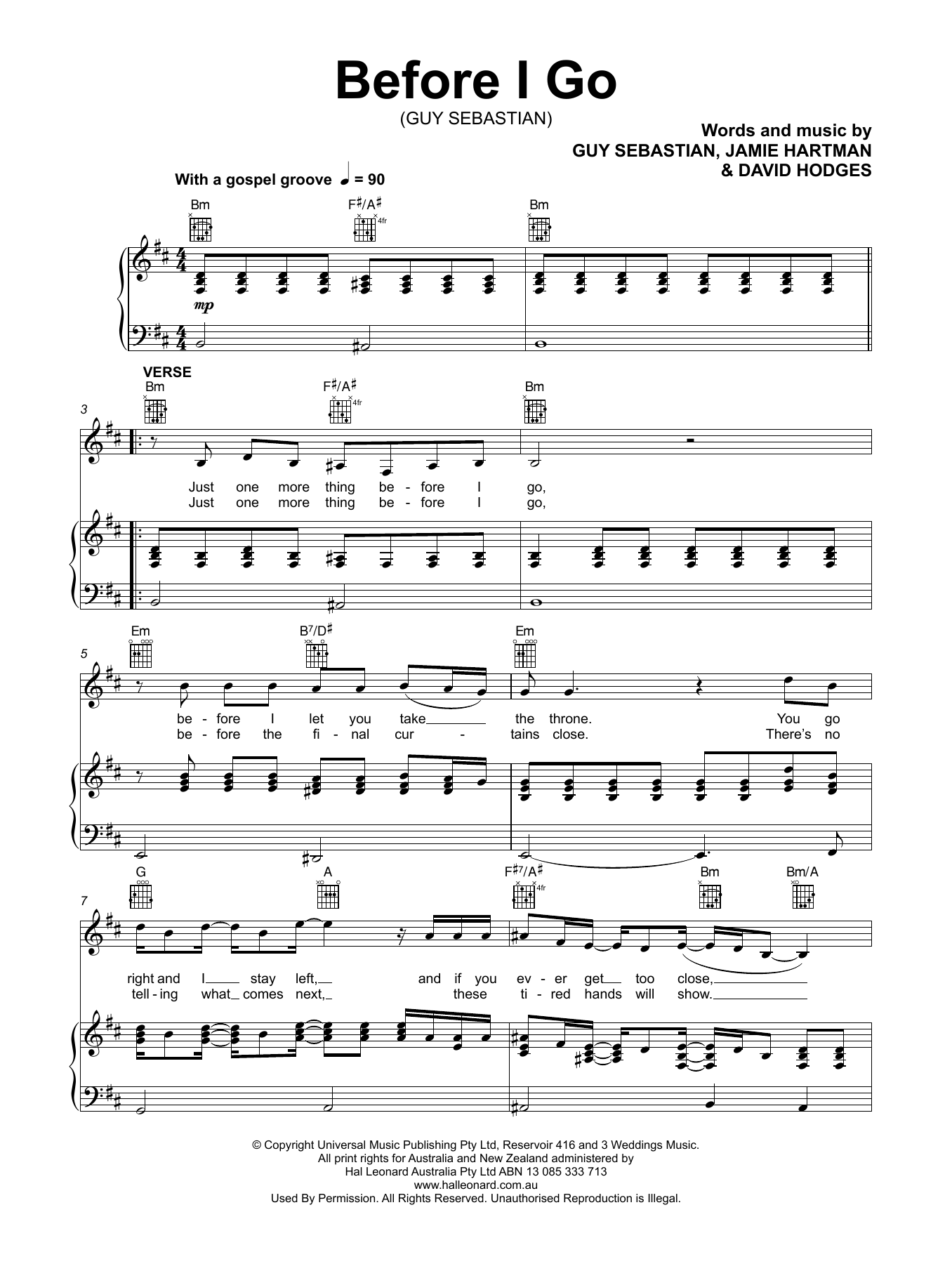 Download Guy Sebastian Before I Go Sheet Music and learn how to play Piano, Vocal & Guitar Chords (Right-Hand Melody) PDF digital score in minutes