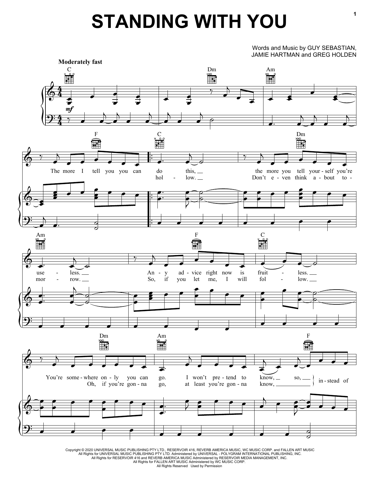 Download Guy Sebastian Standing With You Sheet Music and learn how to play Piano, Vocal & Guitar Chords (Right-Hand Melody) PDF digital score in minutes