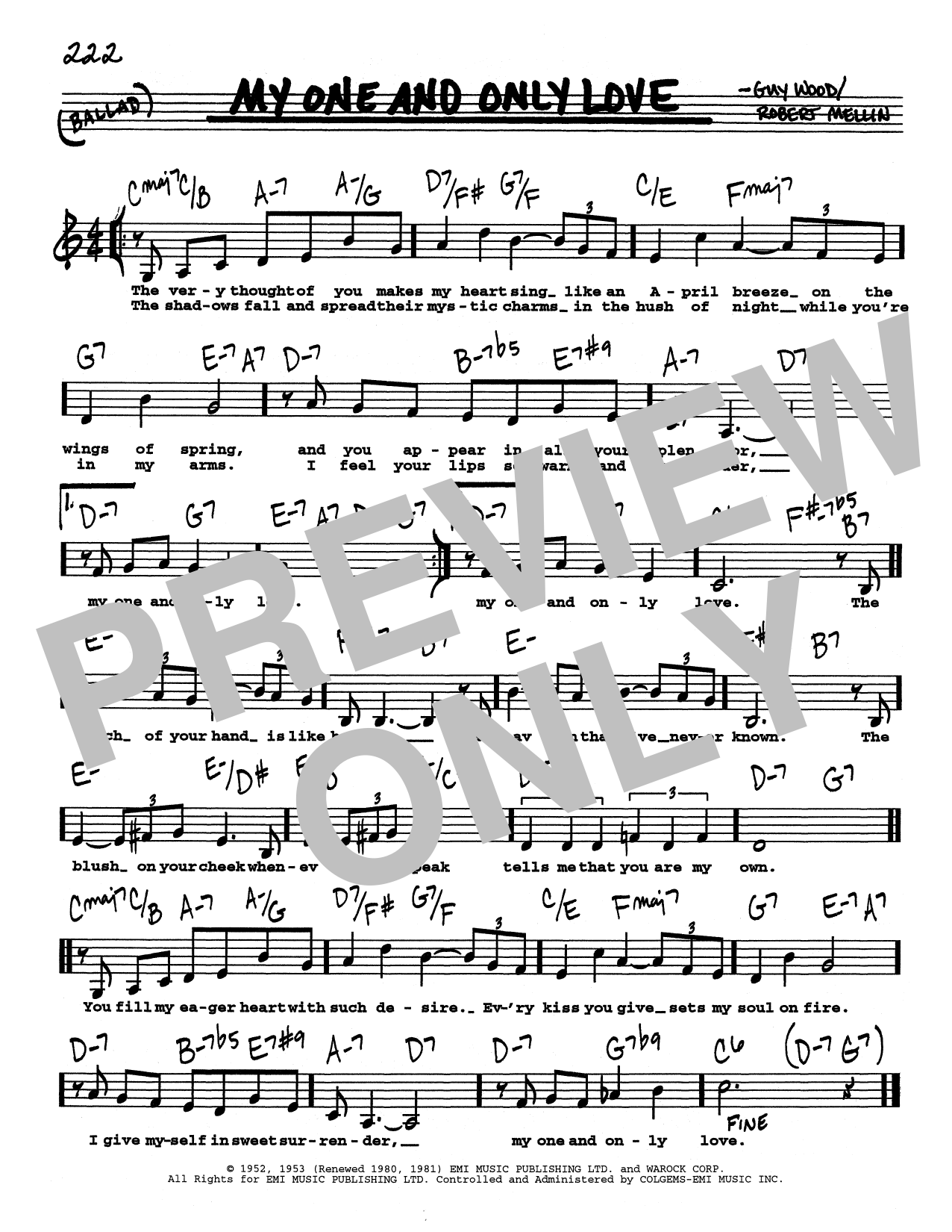 Download Guy Wood My One And Only Love (Low Voice) Sheet Music and learn how to play Real Book – Melody, Lyrics & Chords PDF digital score in minutes