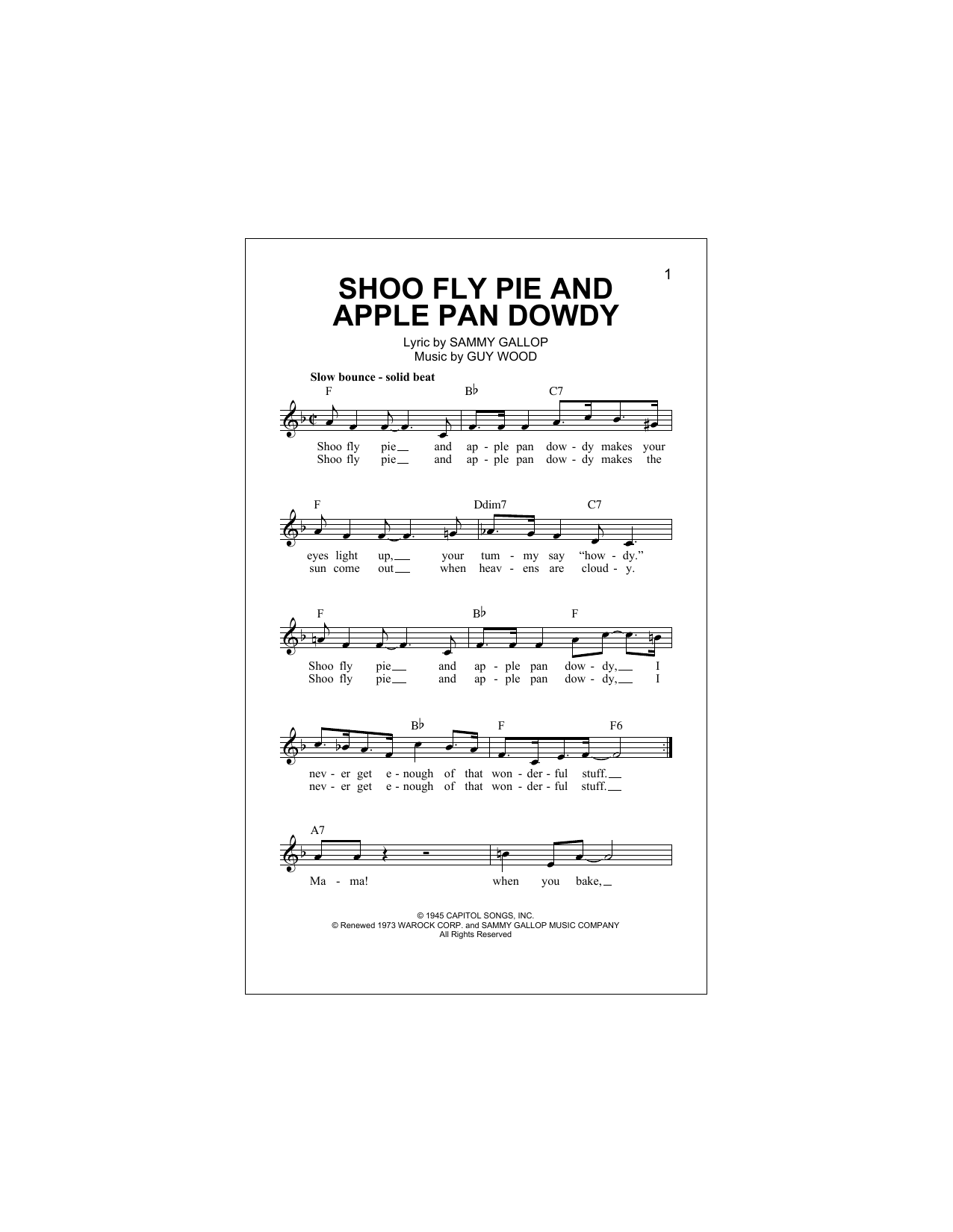 Download Guy Wood Shoo Fly Pie And Apple Pan Dowdy Sheet Music and learn how to play Melody Line, Lyrics & Chords PDF digital score in minutes