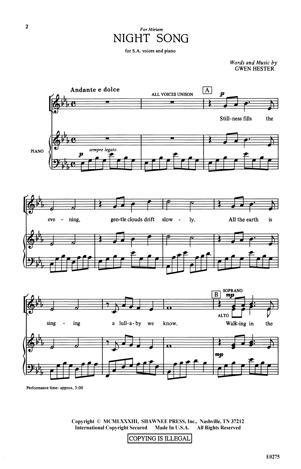 Download Gwen Hester Night Song Sheet Music and learn how to play 2-Part Choir PDF digital score in minutes