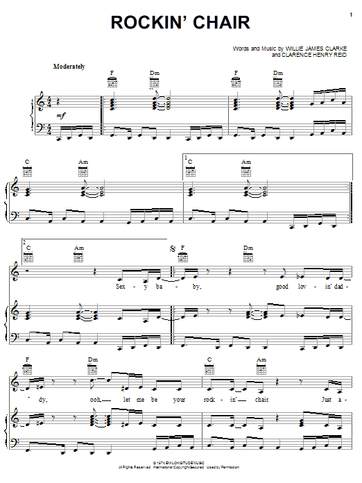 Download Gwen McCrae Rockin' Chair Sheet Music and learn how to play Piano, Vocal & Guitar (Right-Hand Melody) PDF digital score in minutes