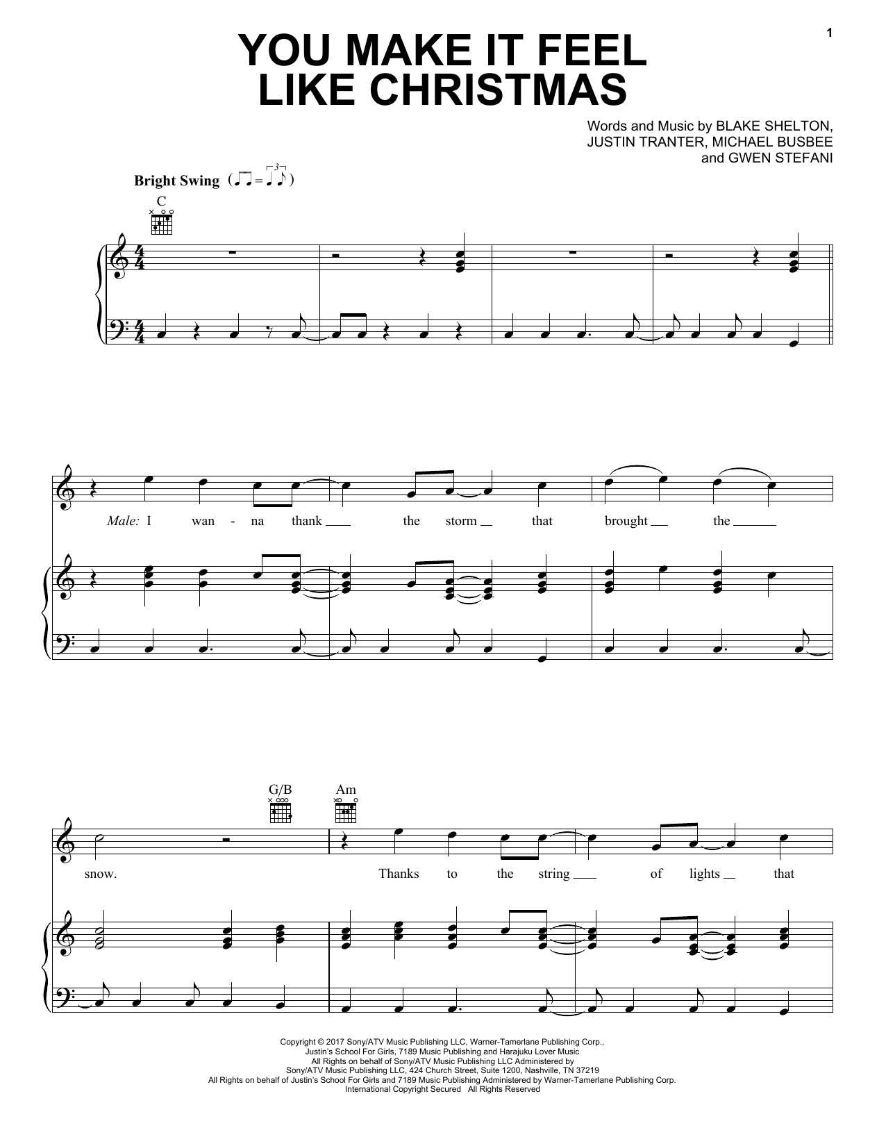 Download Gwen Stefani You Make It Feel Like Christmas (feat. Blake Shelton) Sheet Music and learn how to play Piano, Vocal & Guitar Chords (Right-Hand Melody) PDF digital score in minutes