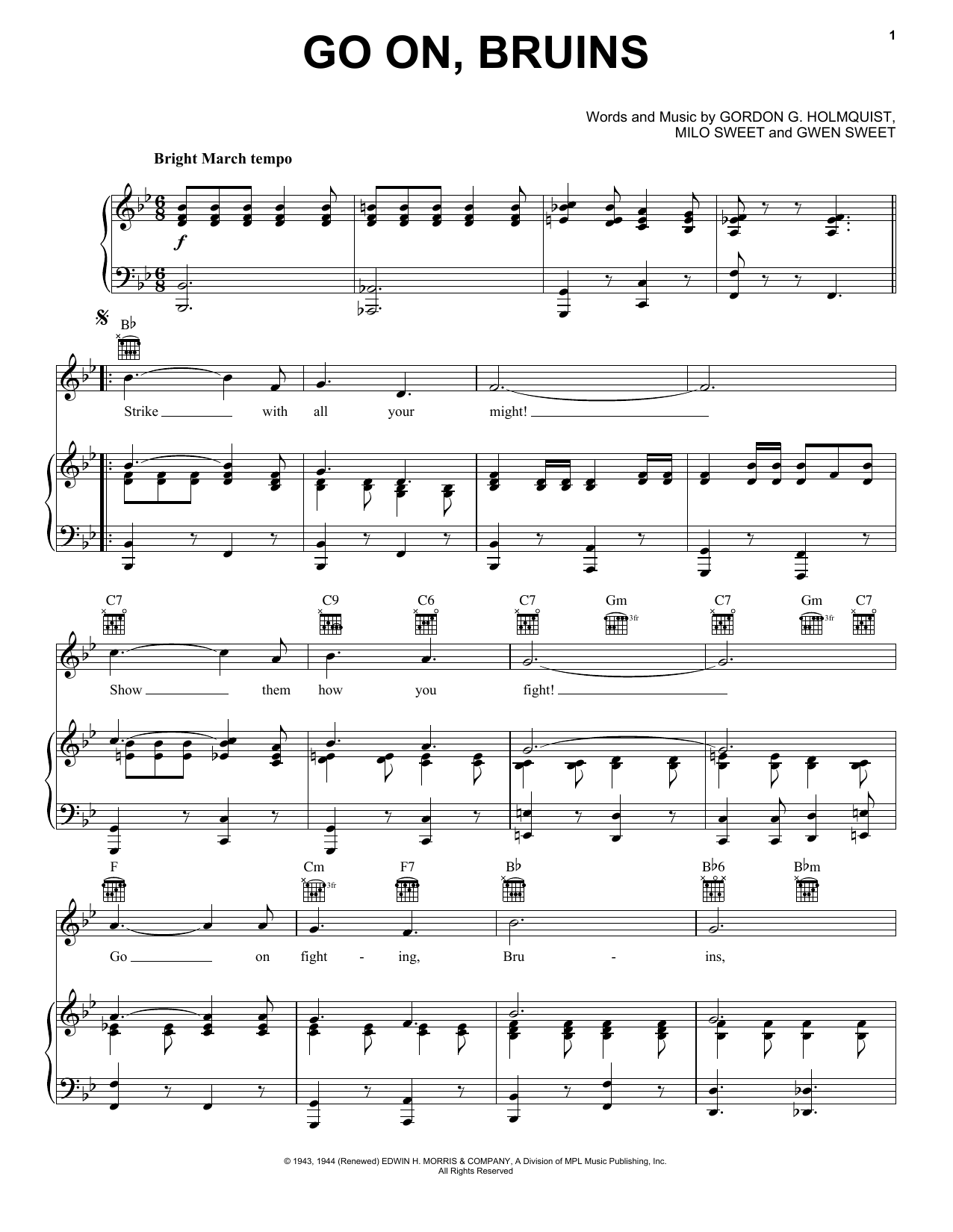 Download Gwen Sweet Go On, Bruins Sheet Music and learn how to play Piano, Vocal & Guitar Chords (Right-Hand Melody) PDF digital score in minutes
