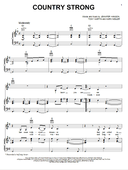 Download Gwyneth Paltrow Country Strong Sheet Music and learn how to play Piano, Vocal & Guitar (Right-Hand Melody) PDF digital score in minutes