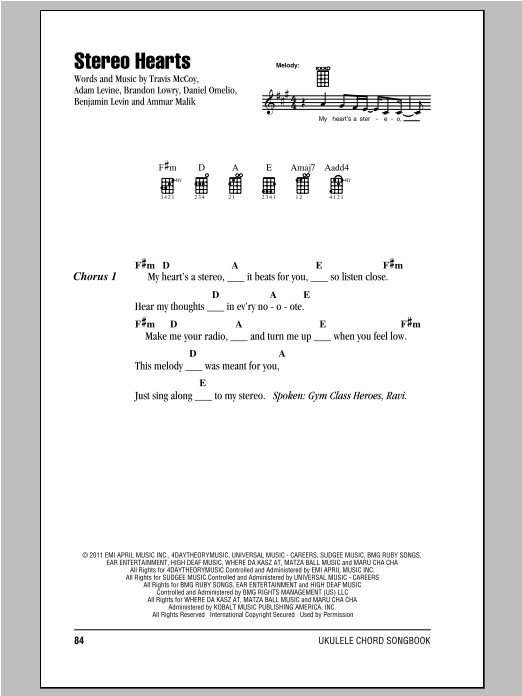 Download Gym Class Heroes Stereo Hearts (feat. Adam Levine) Sheet Music and learn how to play Ukulele with strumming patterns PDF digital score in minutes