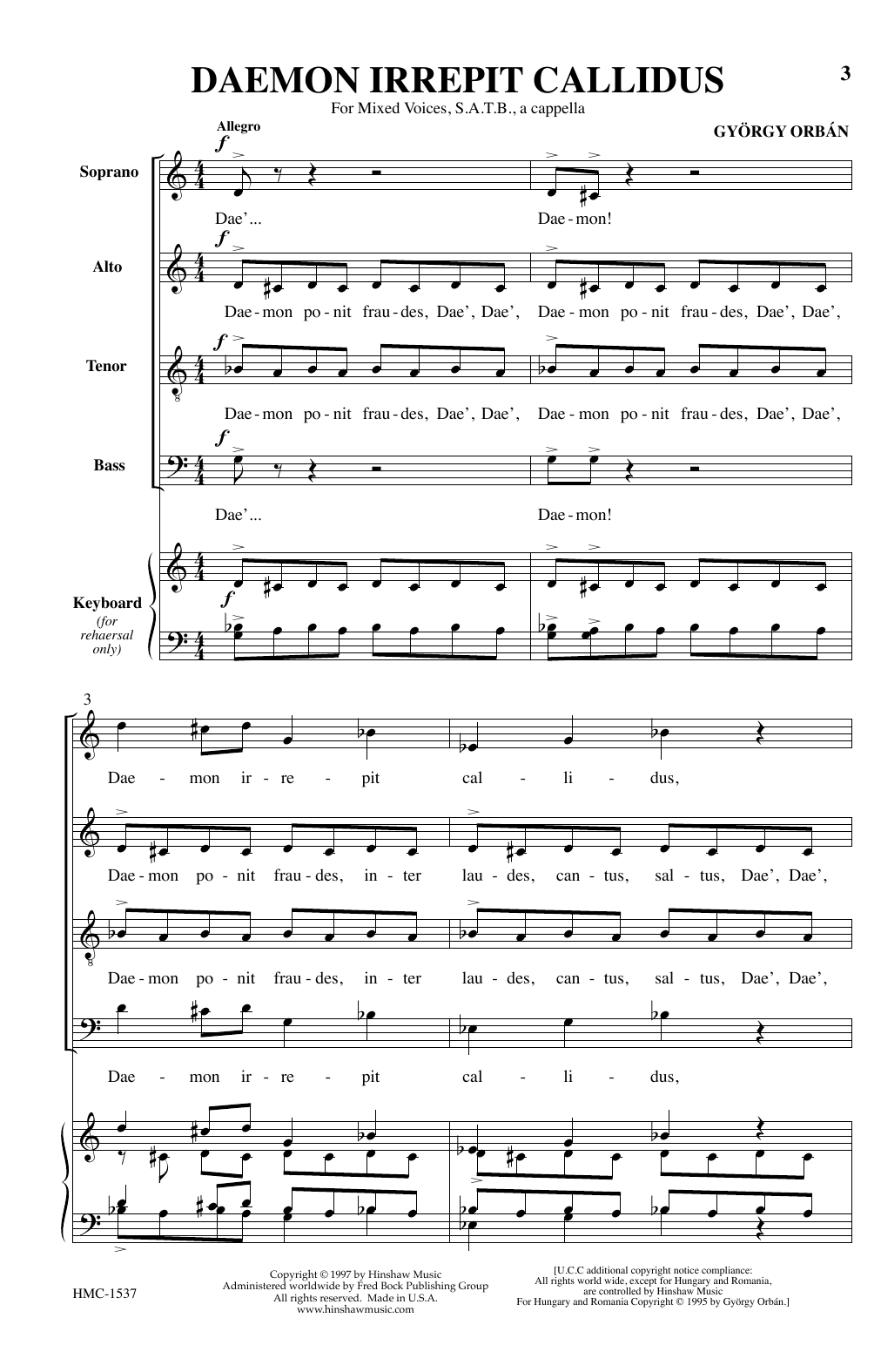 Download Gyorgy Orban Daemon Irrepit Callidus Sheet Music and learn how to play TTBB Choir PDF digital score in minutes