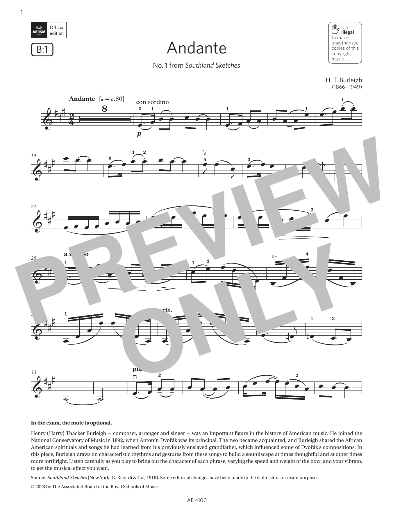 Download H. T. Burleigh Andante (Grade 6, B1, from the ABRSM Violin Syllabus from 2024) Sheet Music and learn how to play Violin Solo PDF digital score in minutes