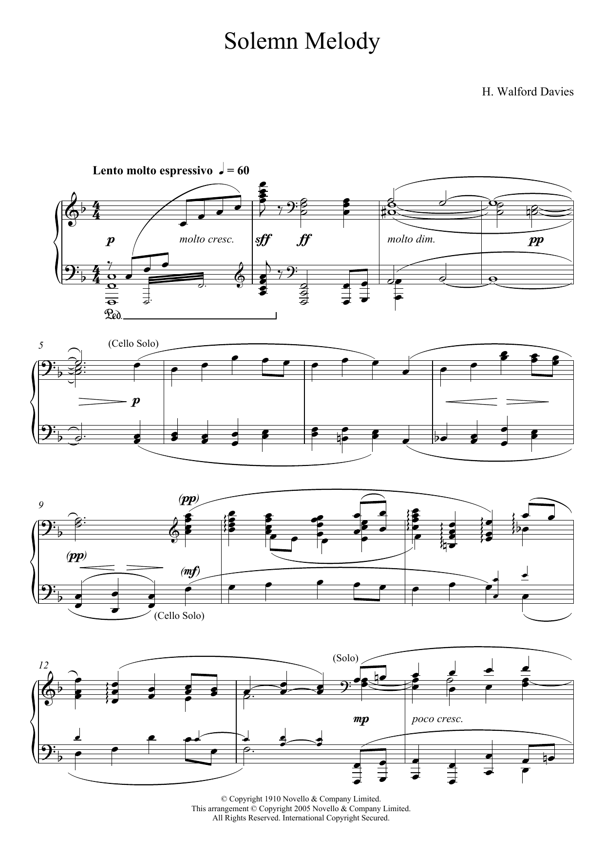 Download H. Walford Davies Solemn Melody Sheet Music and learn how to play Piano PDF digital score in minutes