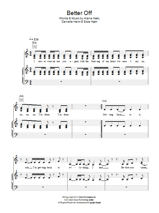 Download Haim Better Off Sheet Music and learn how to play Piano, Vocal & Guitar (Right-Hand Melody) PDF digital score in minutes